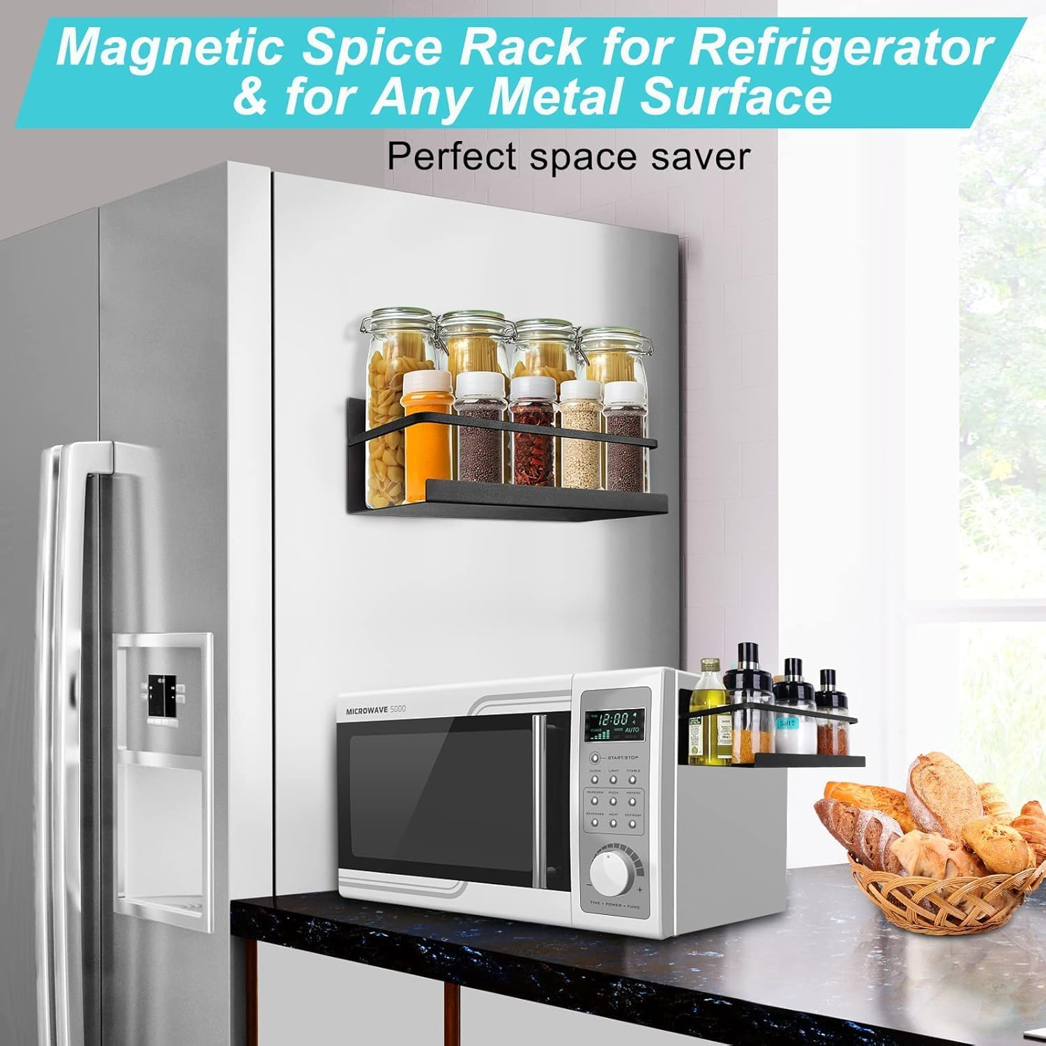 Magnetic Shelf for Kitchen with Strong Magentic Storage Organizer Magnetic Spice Rack for Refrigerator,Heave Duty Fridge Spice Rack for Cabinet,Space Container,Drill Free (Black, 2 Pack) image number 5