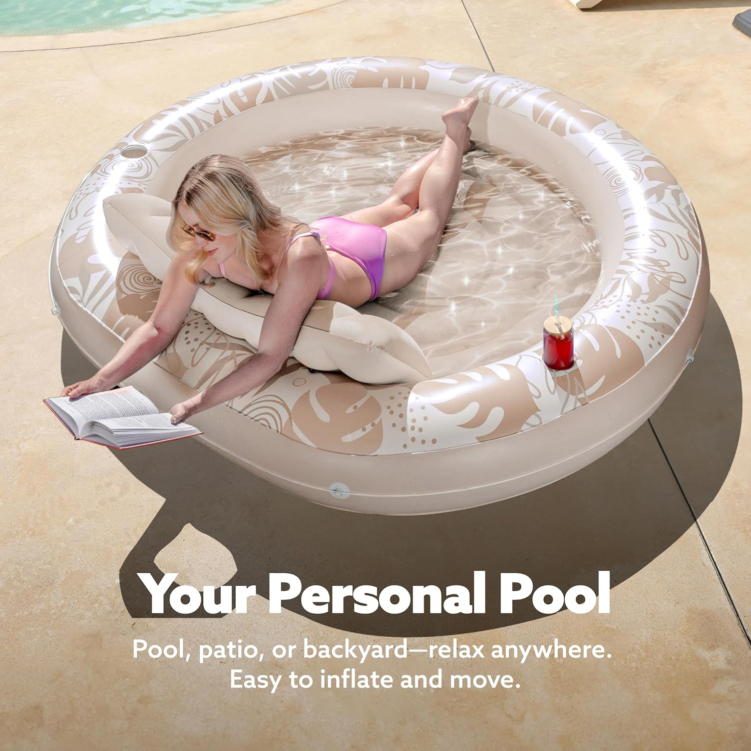 SLOOSH Inflatable Tanning Pool Lounger Float,72" X 65" Pool Floats Adult with Pillow,Luxury Fabric Large Suntan Tub Raft Floatie,Sunbathing Bed Lounge for Water Blow up Kids Ball Pit Party Gifts image number 1