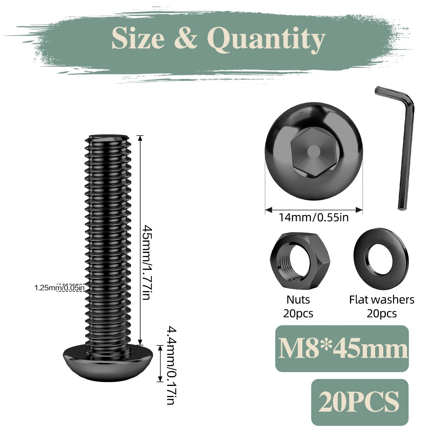 M8&times;45Mm Button Head Socket Cap Bolts Screws, Nuts, Flat Washers, 20Pcs, 304 Stainless Steel 18-8, Fully Threaded, Black Oxide, with Hex Spanner image number 6