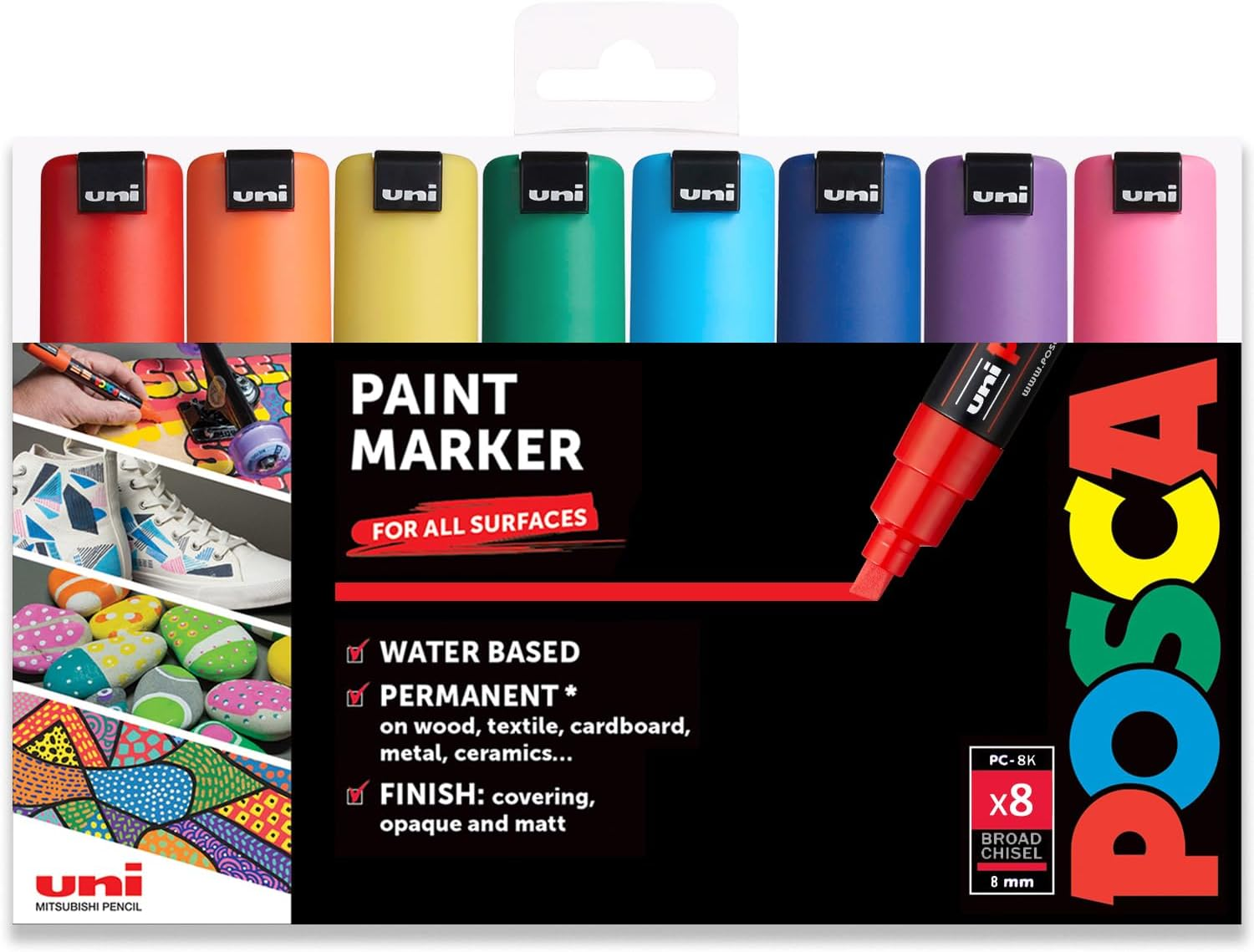 Posca PC-8K Water Based Permanent Marker Paint Art Pens - 8Mm Chisel Tip Nib - Set of 8 in Plastic Wallet - Essential Tones