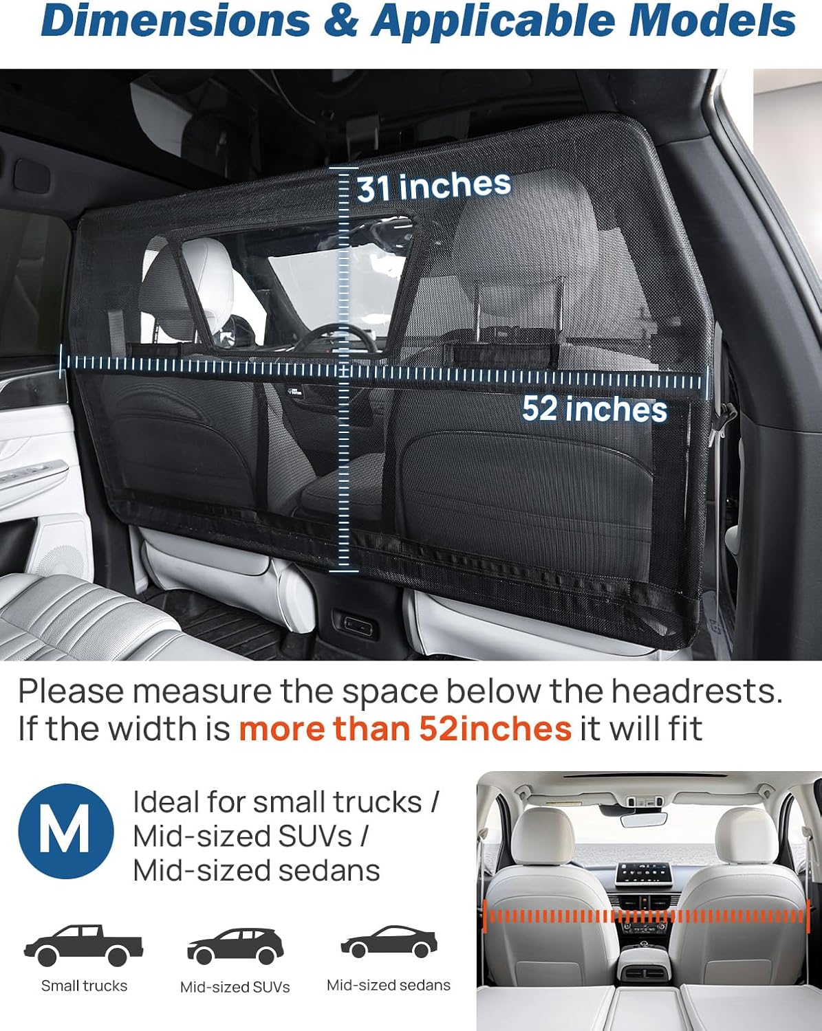 JOYTUTUS 52" Wide Dog Car Barrier with Removable Visual Window, Car Barrier for SUV Escape-Proof, Net for Car Cargo behind Front Seats, Vehicle Gate for Dog Travel, Ideal for Cars Suvs Trucks image number 4