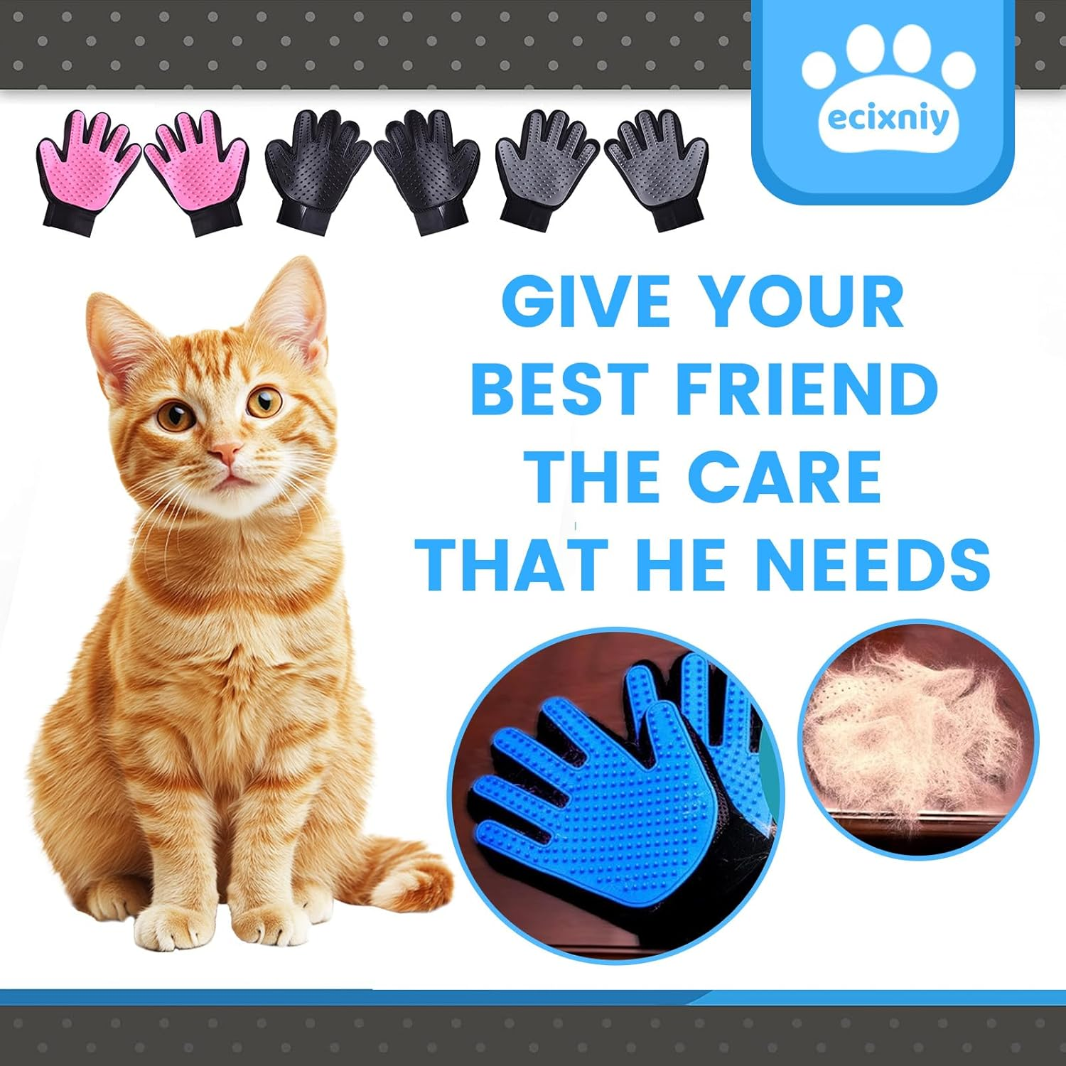 【Ecixniy】Pet Grooming Gloves,One Pair Gentle BPA Free Dog Washing Glove,Pet Hair Remover,Cat Brush Fur Removal Groomer for All Pet Hair Removal Needs-For a Clean Home & Happy Fur Babies.（1Pair Blue）