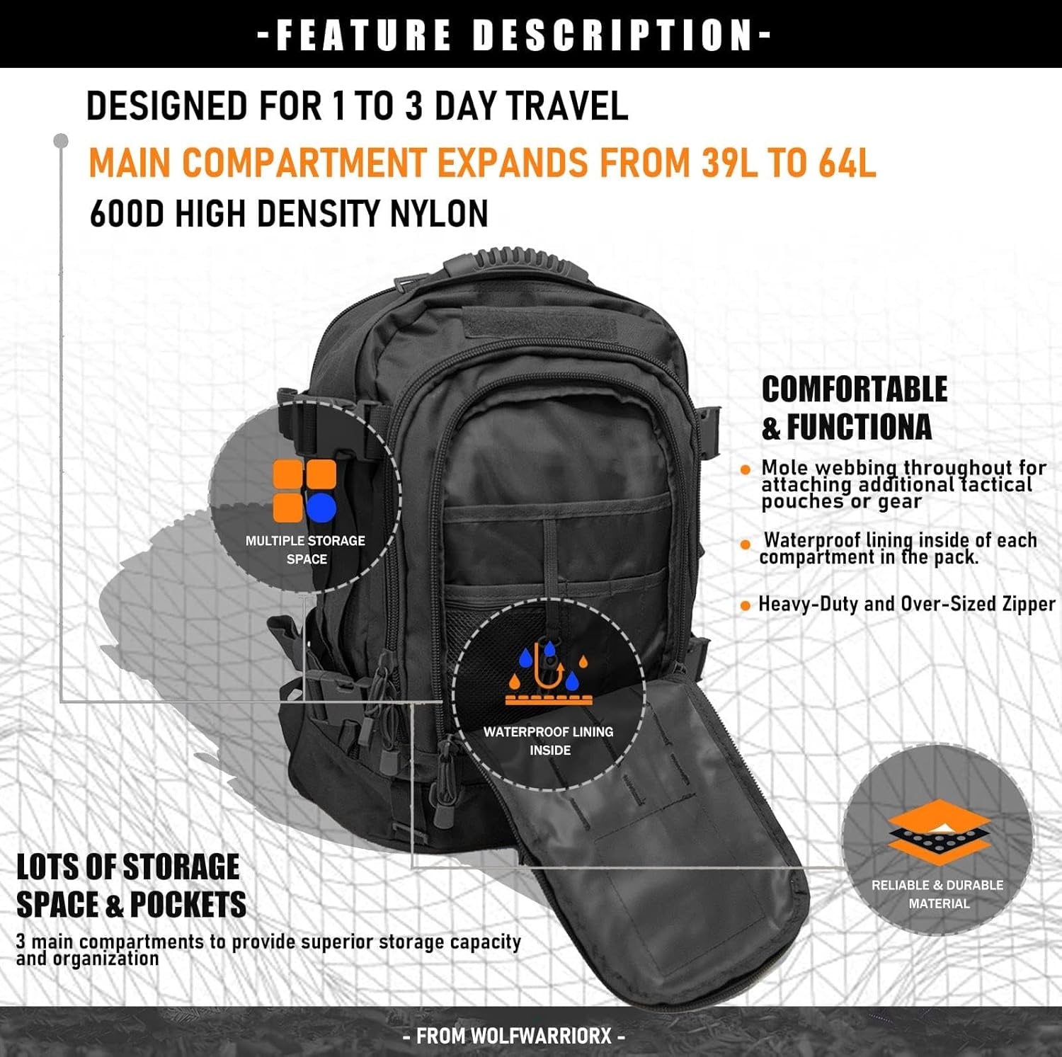 Tactical Backpack Military Army Daypack - Assault Pack for Men Molle Backpacks Bug Out Bag 3 Day Pack for Hiking - Blackcamo image number 5