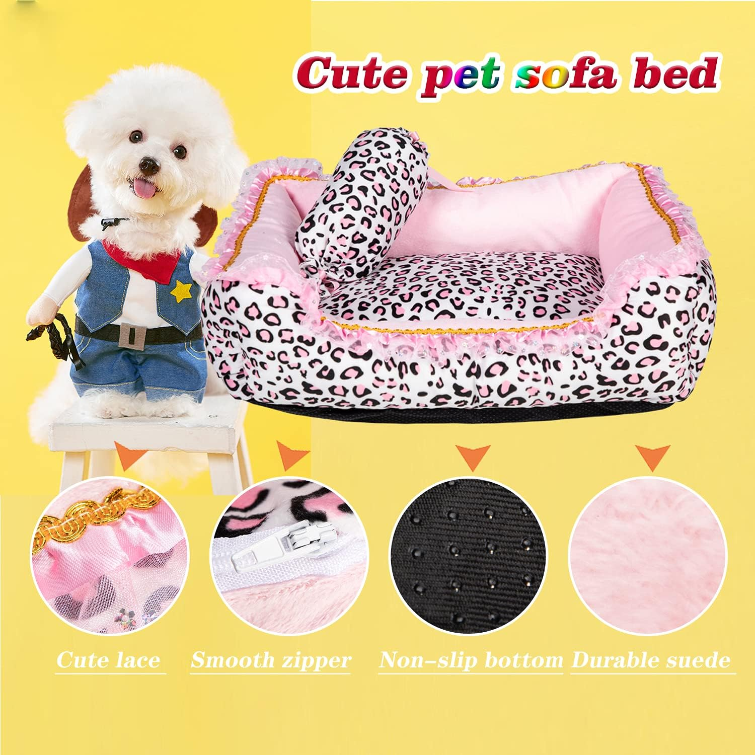 Gigreinc Cute Pink Puppy Sleeping Mat Bed with Leopard Pattern round Square Shape Cat Dog Sofa Bed Pet House Nest Cave(M, Square Bed) image number 5