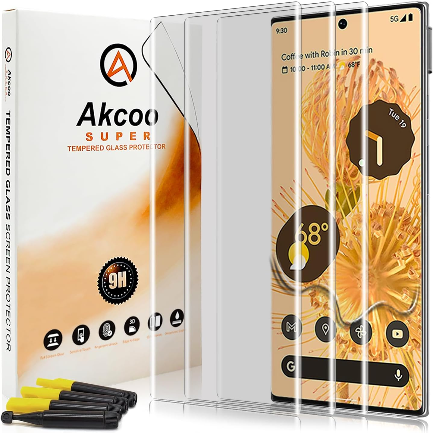 [3 Pack]Pixel 7 Pro Screen Protector Tempered Glass, Akcoo UV Full Screen Adhesive [LOCA Liquid Tech][Fingerprint Sensor Compatible] Glass Protector for Google Pixel7 Pro 5G