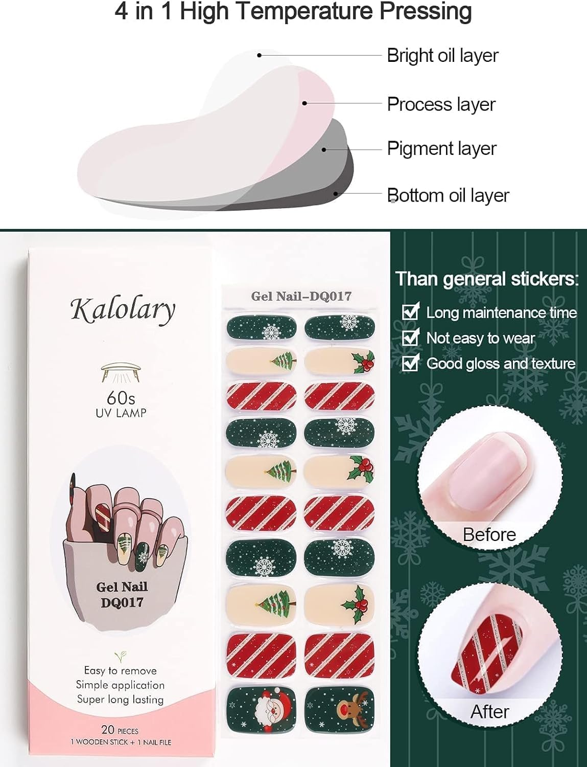 Kalolary Christmas Semi Cured Gel Nail Strips, Christmas Tree Full Wraps Stickers, Santa Claus Elk Real Gel Nail Polish Wraps New Year Nail Art Design for Women Girl - Black image number 3