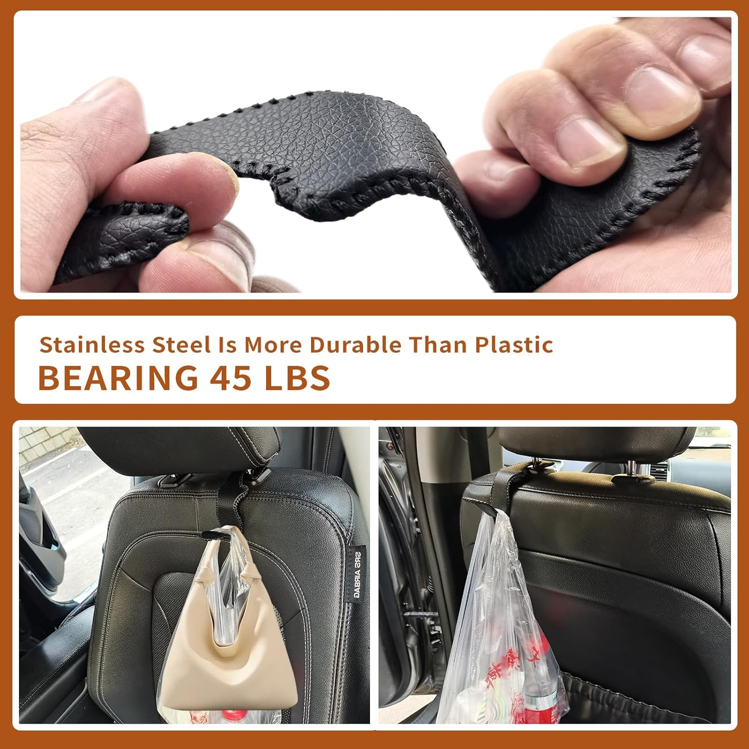 2Pcs Car Hooks Universal Back Seat Hanger Hooks,Black Leather image number 1