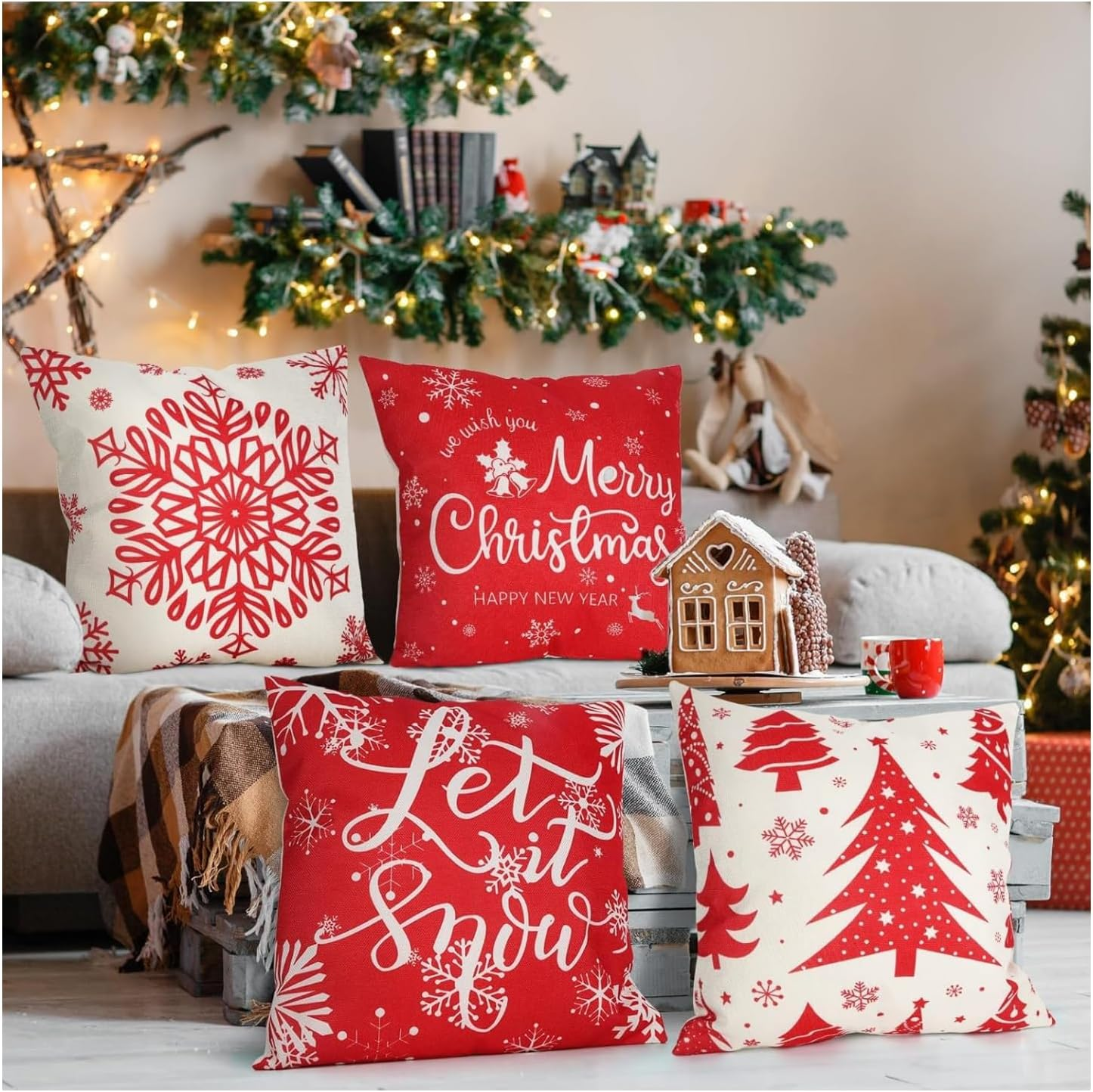 Christmas Cushion Covers 18X18 Inch, 4 Pack Pillow Covers Christmas Tree Snowflake Reindeer Santa Claus Linen Throw Pillow Cases for Home Decor, Bedroom, Sofa Christmas Decor New