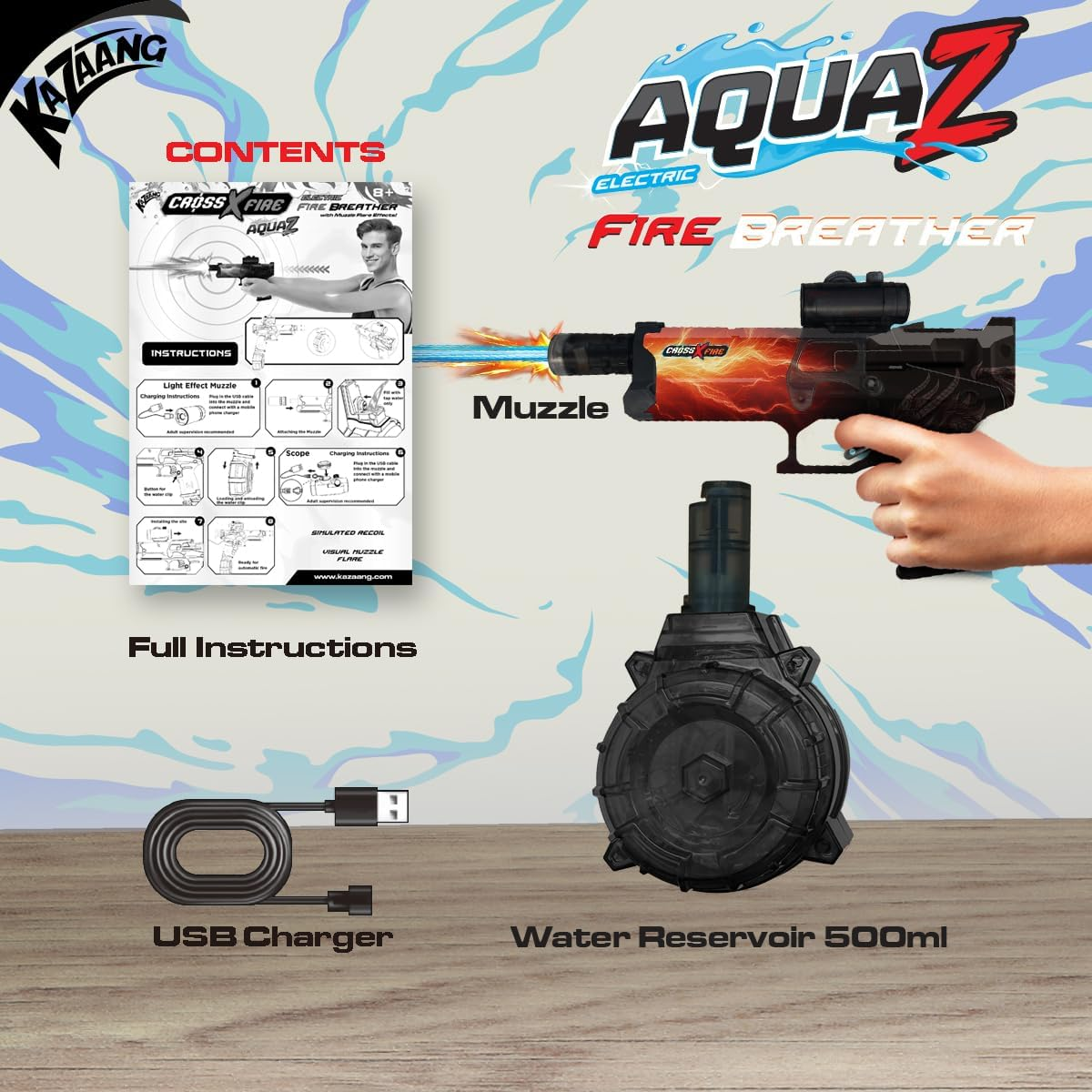 Kazaang Crossxfire Aquaz - the Original Fire Breather Electric Water Gun with LED Muzzle Flash, Automatic Water Gun Electric Dual Modes, Large Water Tank, Battery-Powered for Adults & Kids image number 4