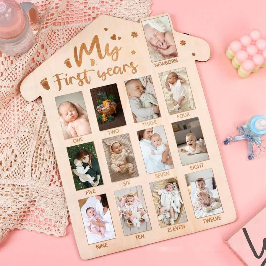 My First Year Photo Frame Board, Baby First Year Picture Frame 12 Months Milestone Display Wood Board Baby Keepsake 1St Birthday Nursery Decor 40&times;30Cm image number 2