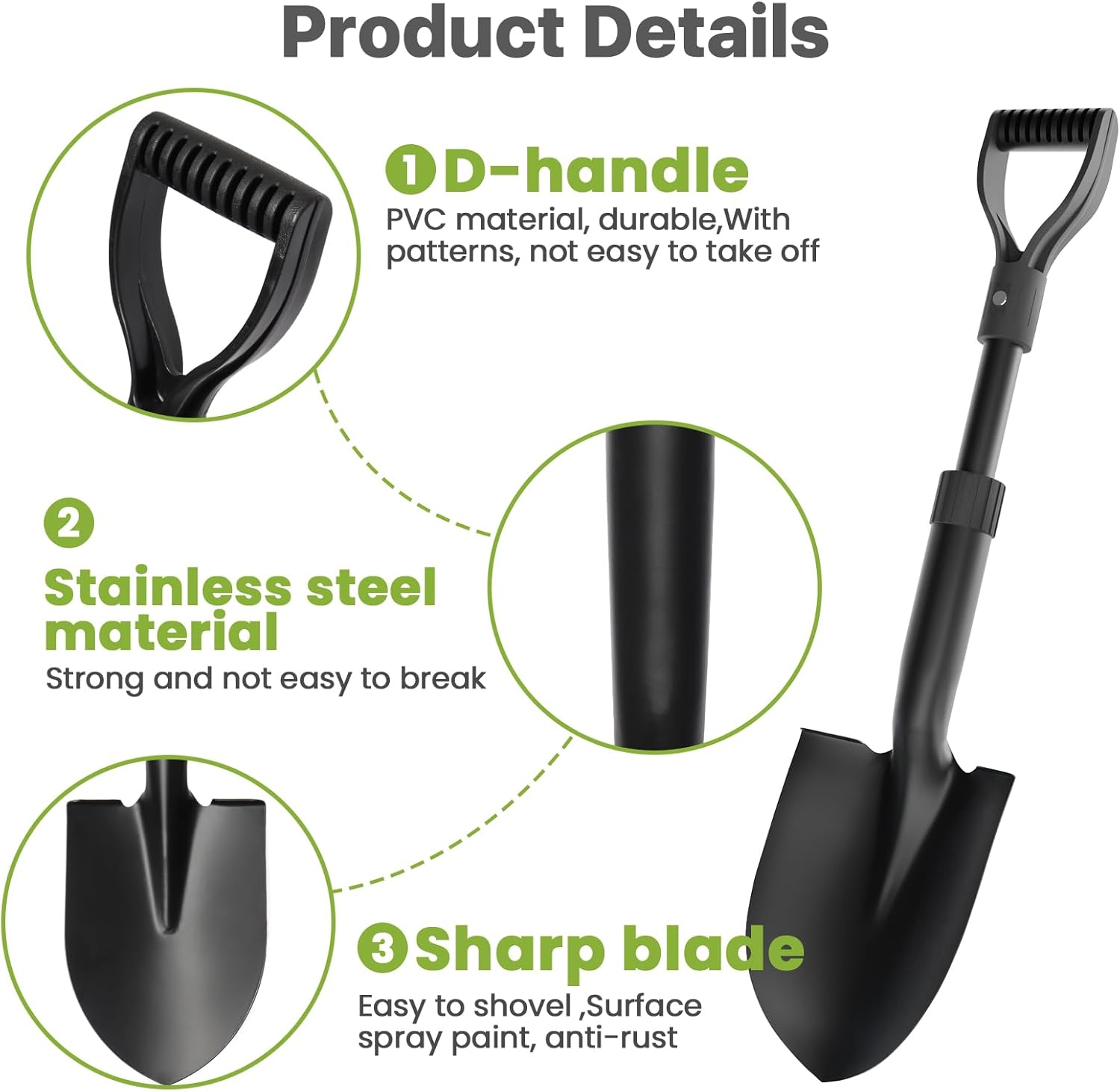 GSBLUNIE 28" Small Shovel, Heavy Duty with D Handle, Pointed Spade, Fiberglass Shaft, Black image number 2