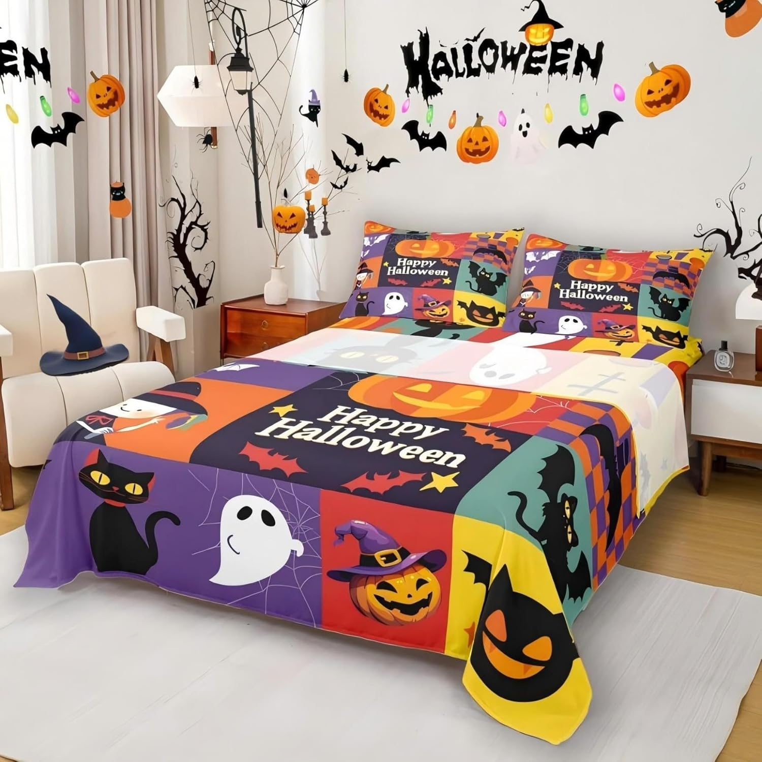 Gothic Spooky Bed Sheet Set Pumpkin Lantern Bedding Set for Kids Boys Teens, Ghost Spider Web Fitted Sheet Black Bat Cat Cobwebs Halloween Decor King Size Grey