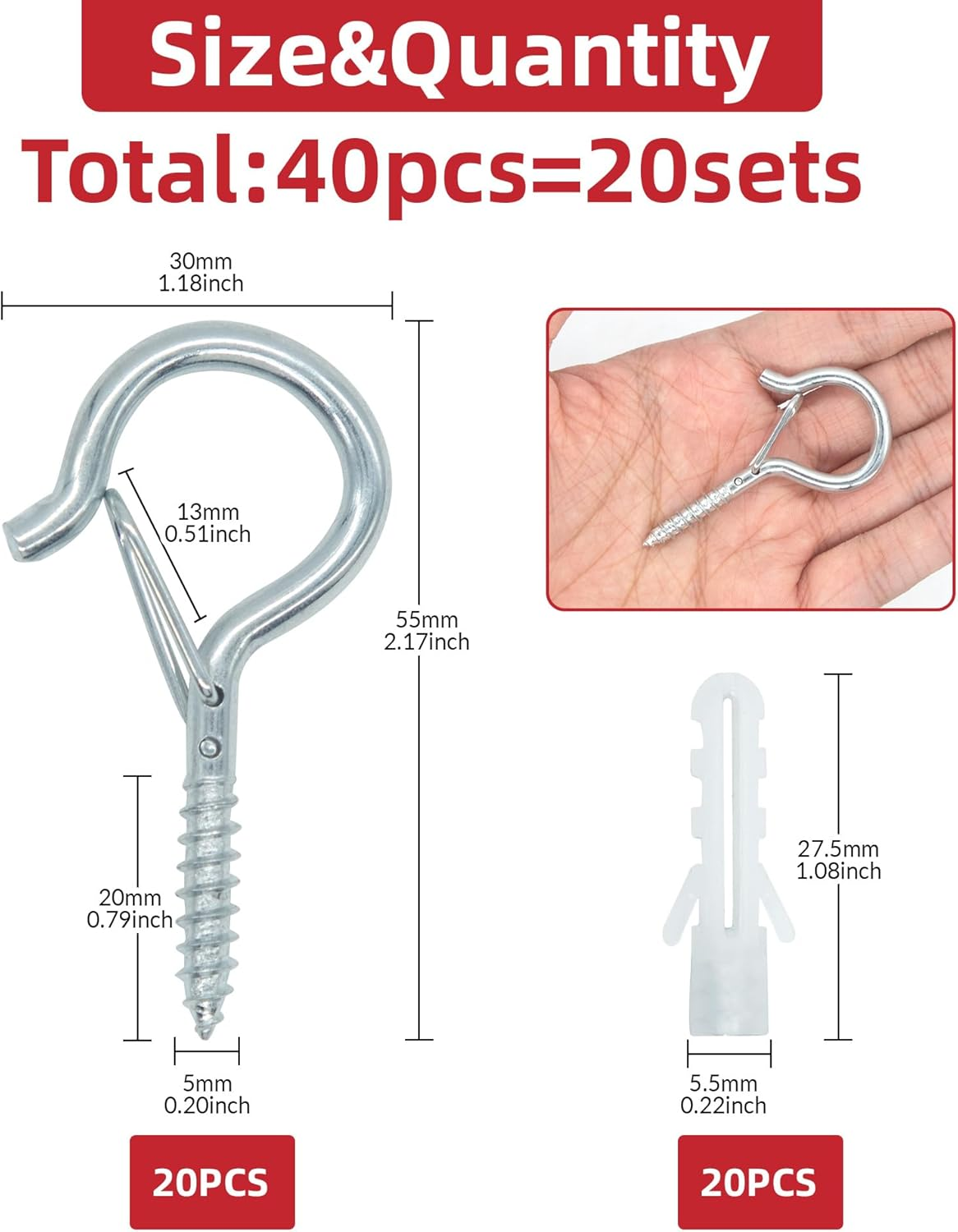 20 Sets Q-Hanger Hooks with Safety Buckle,Windproof Screw -In Hooks for Hanging Plants, Outdoor String Light, Christmas Light, Winged Nut Driver Included (White, 2.2 Inch) image number 1