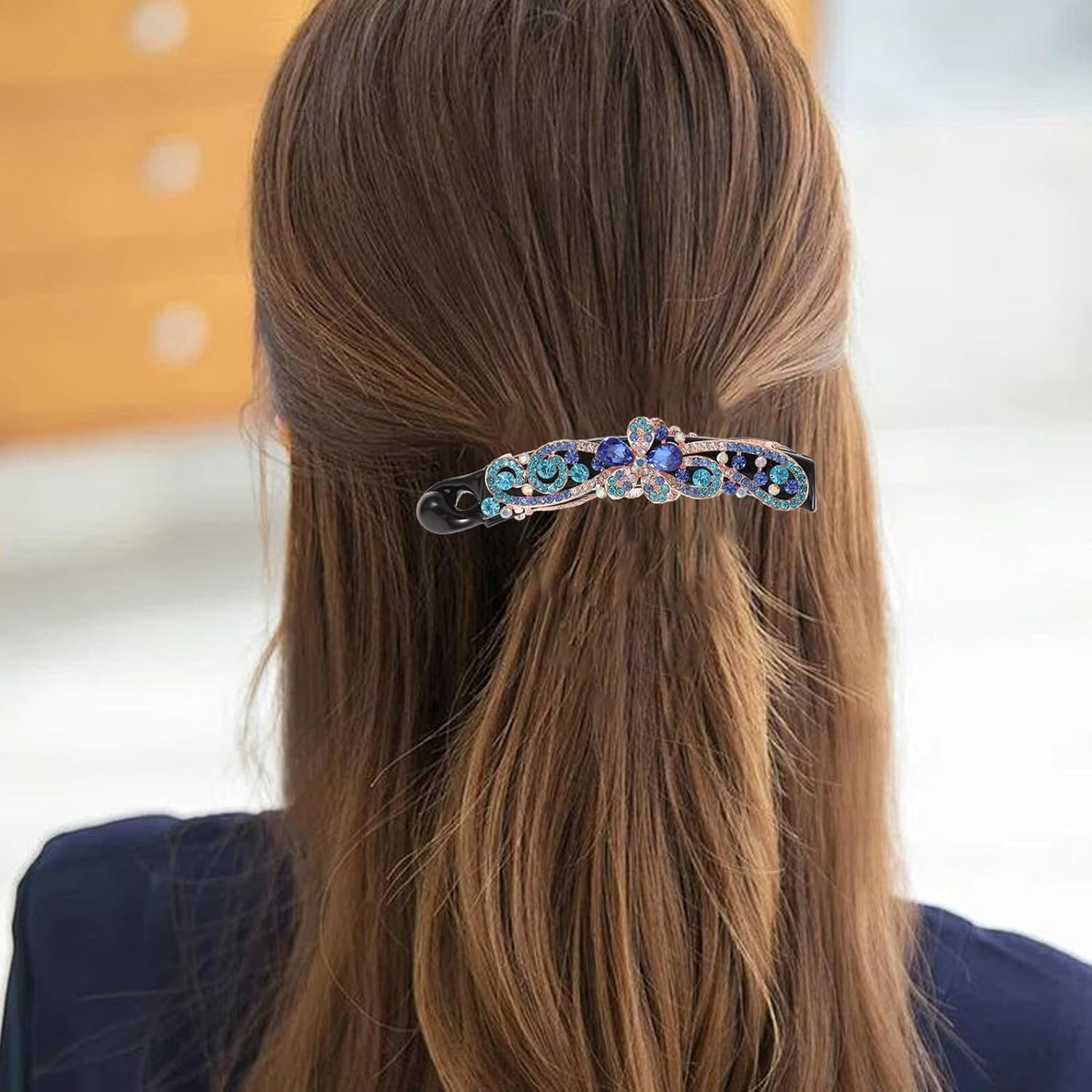 DRESSOOS Elegant Floral Rhinestone Hair Clip for Women and Banana Clip with Blue Crystal Design Decorative Accessory for Wedding Party Prom Birthday and Everyday Styling image number 3