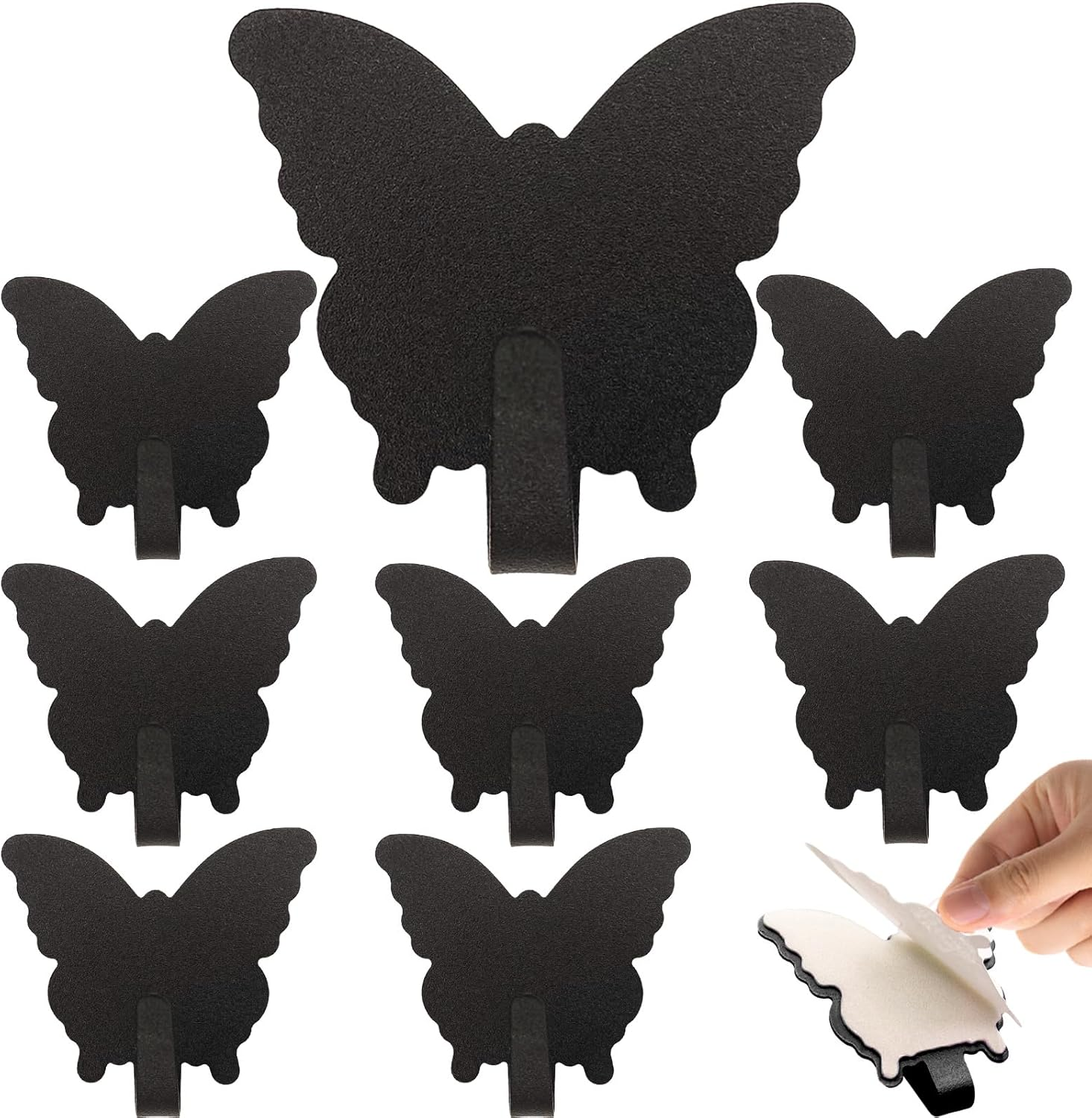 Duehoppee 8 Pack Adhesive Hooks,Cute Butterfly Sticky Hooks,Wall Decoration Hooks,Strong Stainless Steel Hooks to Organize Kitchen Office Bathroom Items, Key Hooks, Hat Hooks (Black)