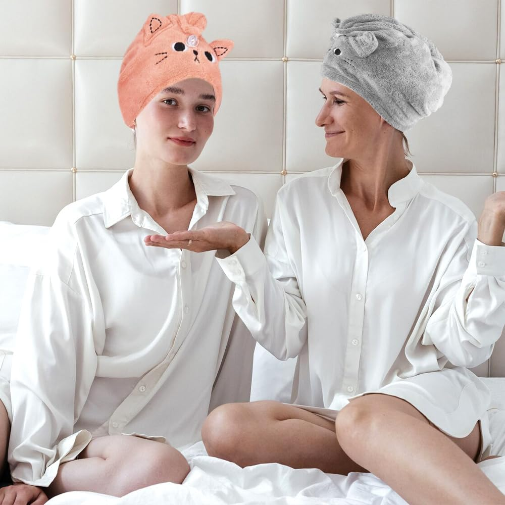Pack of 2 Microfibre Hair Towel Wraps, Hair Plopping Towel Curly, Quick-Drying Hair Turban, Wrap Super Absorbent, Dark Pink, Grey, Cat Coral Fleece Absorbent Hair Towel for Women Girls image number 5