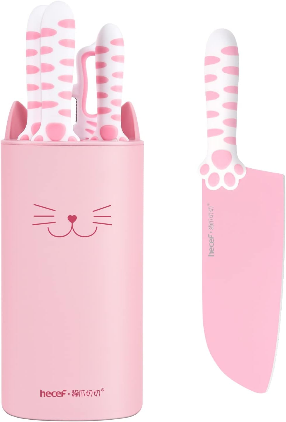 Hecef Cute Kitchen Knife Set,5-Piece Non-Stcik Knives Set with Detachable Block and Scissors,Sharp Kitchen Knives for Chopping, Slicing, Dicing and Cutting, Gift Housewarming Birthday (Pink)
