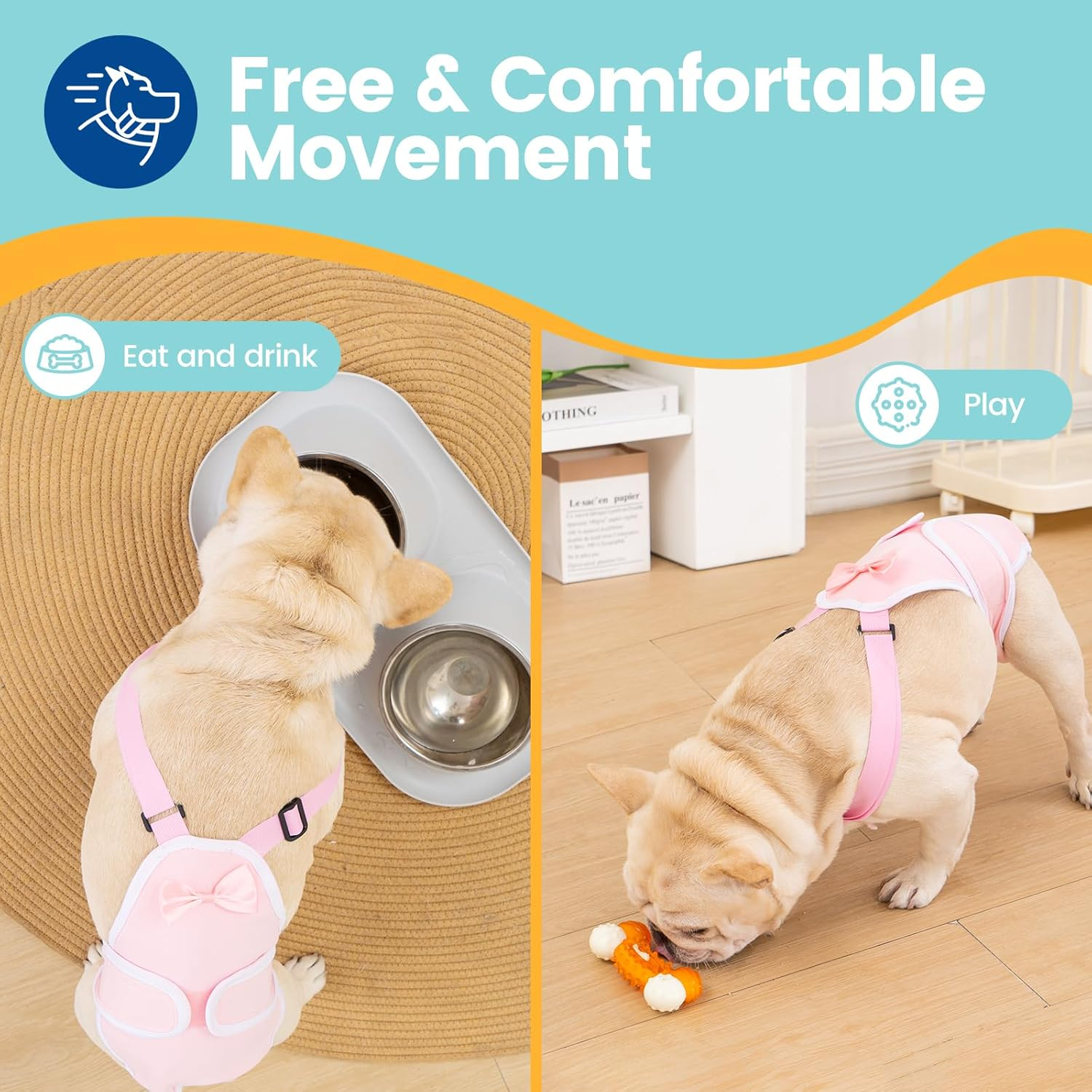 Avont 3 Pack Frenchie Dog Diapers Female, Washable Reusable Girl Doggie Pants for Period Heat Cycle, Full Body Cover Onesie with Adjustable Straps -Pink/Purple/Blue M image number 2