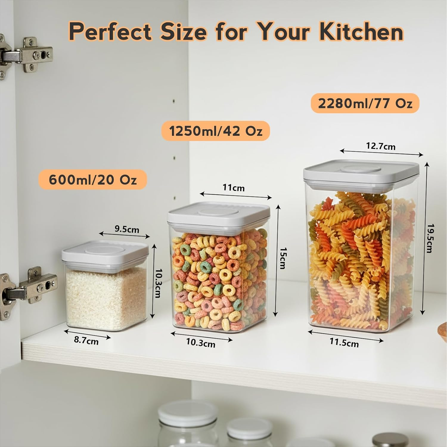 VINATO Storage Jars with Lid, Airtight, Pack of 3, 600/1250/2280 Ml Storage Box with Lid, Kitchen, Plastic Food Storage for Flour, Oats, Cereals image number 2