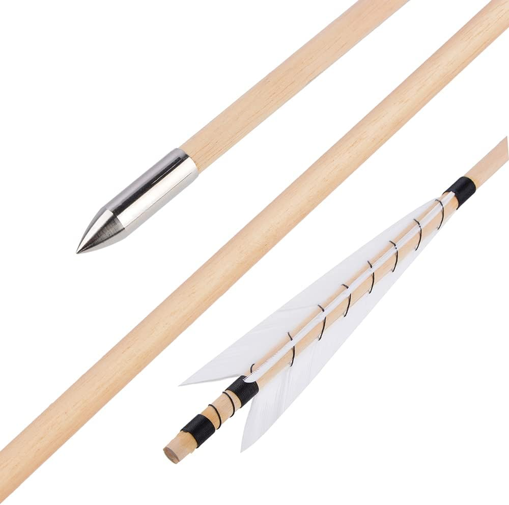 32 Inch Wooden Arrow English Longbow Arrow Target Pracrice Arrow Shaft with 5" Turkey Feather Fletching and Field Point for Recurve Bow Longbow Traditaonal Bow image number 4
