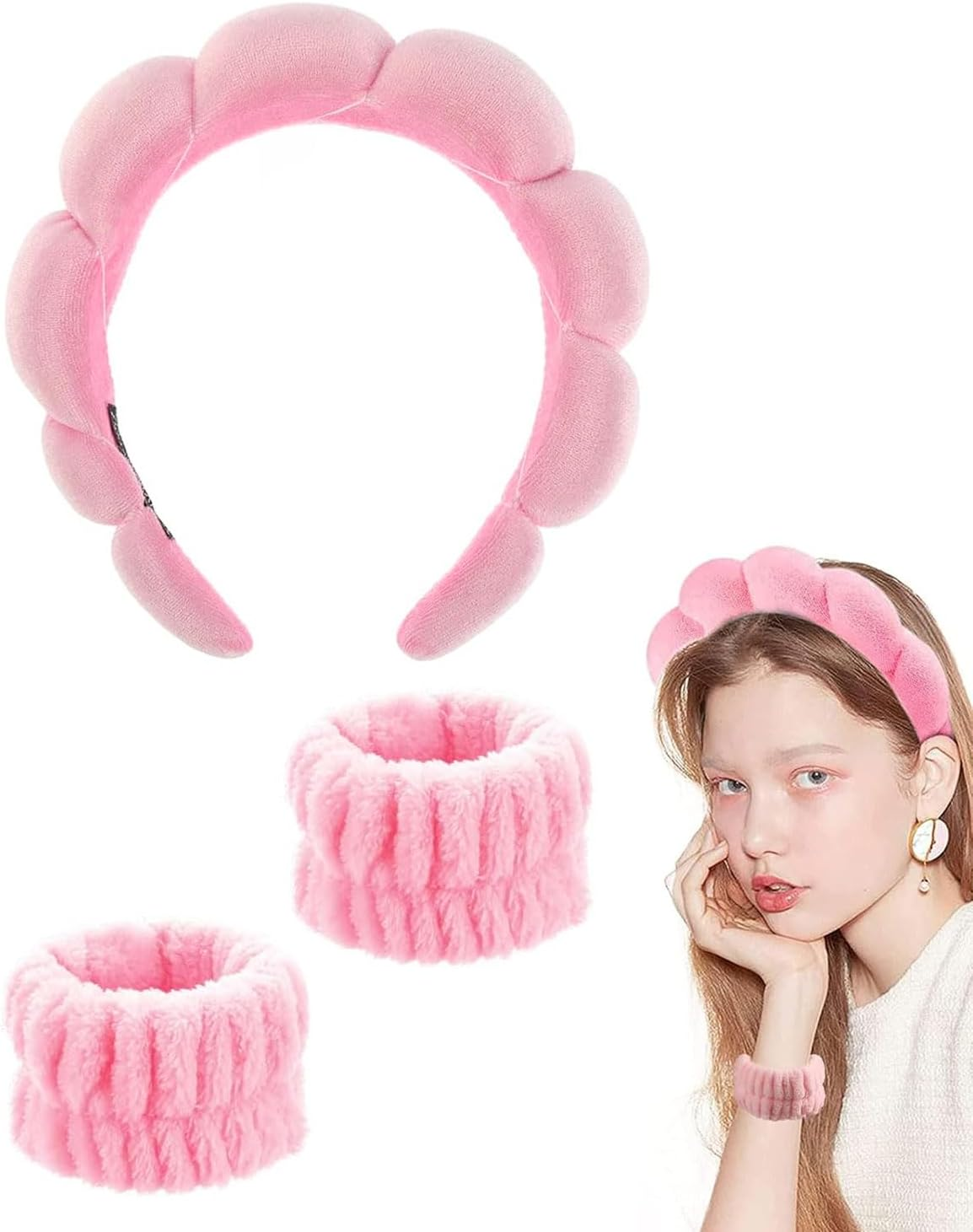 TPZORJX Sponge Headband Bracelet Sets for Washing Face Makeup Headbands for Women Girls Skin Care Removal Spa Yoga Sports Shower Headband Terry Towel Fabric Hair Band - Pink