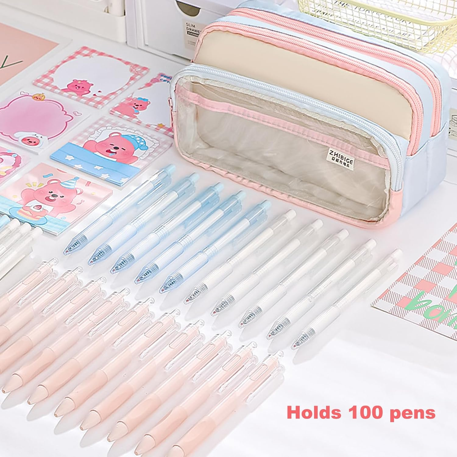 Pencil Case Large Capacity Aesthetic Pencil Case with 4 Compartments Zip Smoothy Pencil Case for Middle School College Office Student Girls Gift, Blue and Pink, Pencil Case image number 3