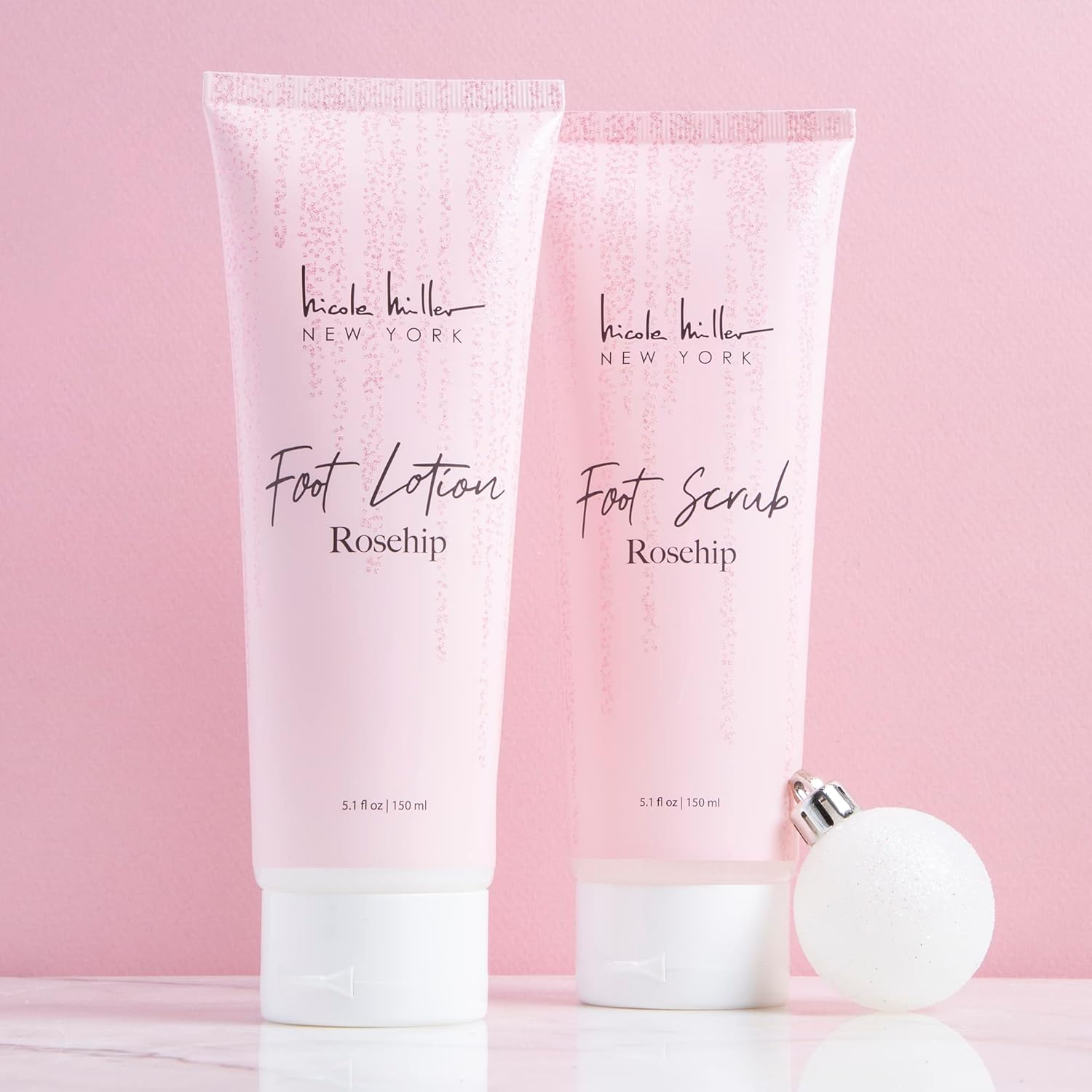 Nicole Miller Bath and Body Present Set Piece Foot Spa Set with Fuzzy Slippers, a Sponge, Foot Lotion, and Foot Scrub, Rosehip with Sparkle Star Slippers image number 2