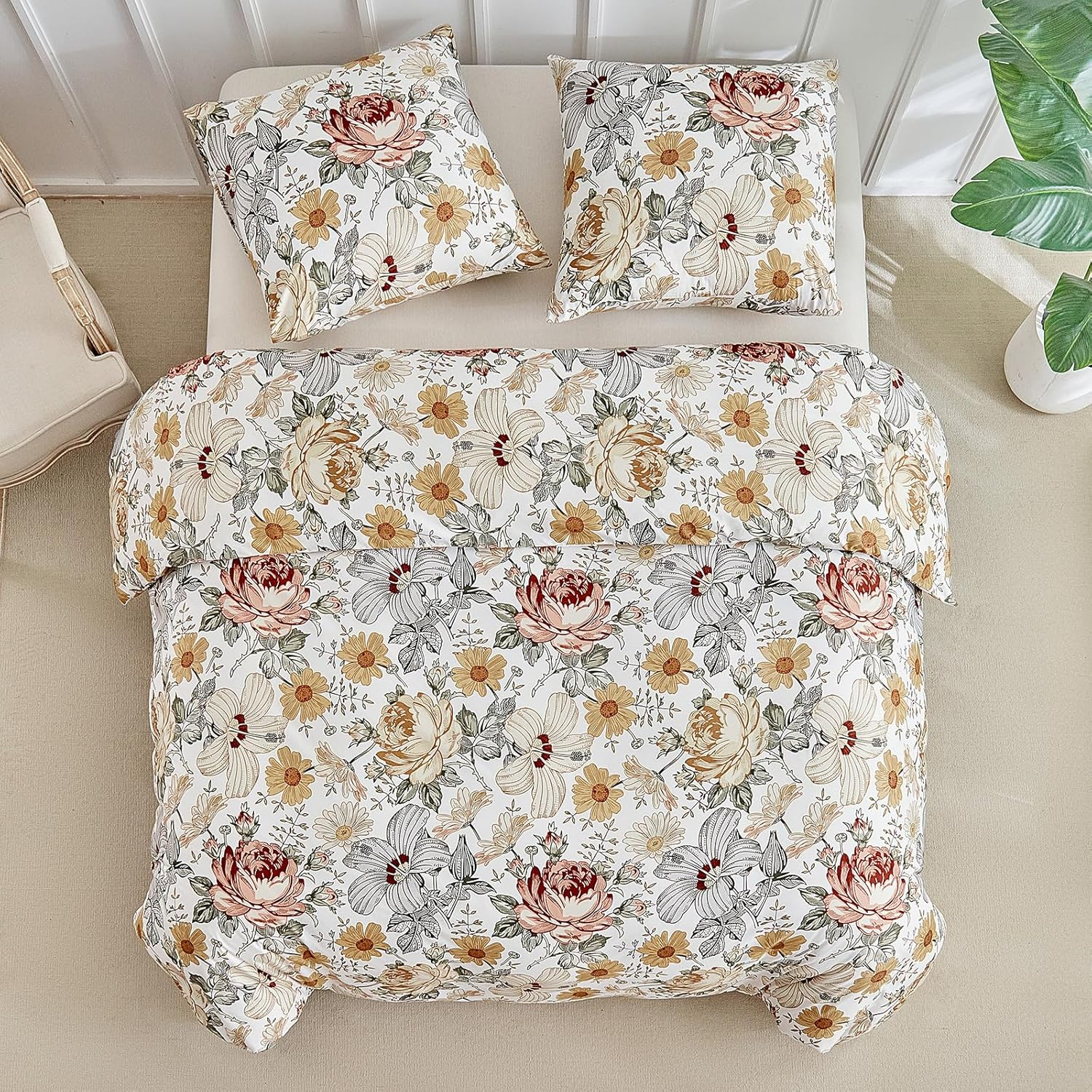 Tokokimo Duvet Cover 200 X 200 Cm with 2 Pillowcases 65 X 65 Cm - Colourful Floral Pattern - 100% Microfibre Bedding Set 200 X 200 Cm with Zips image number 5