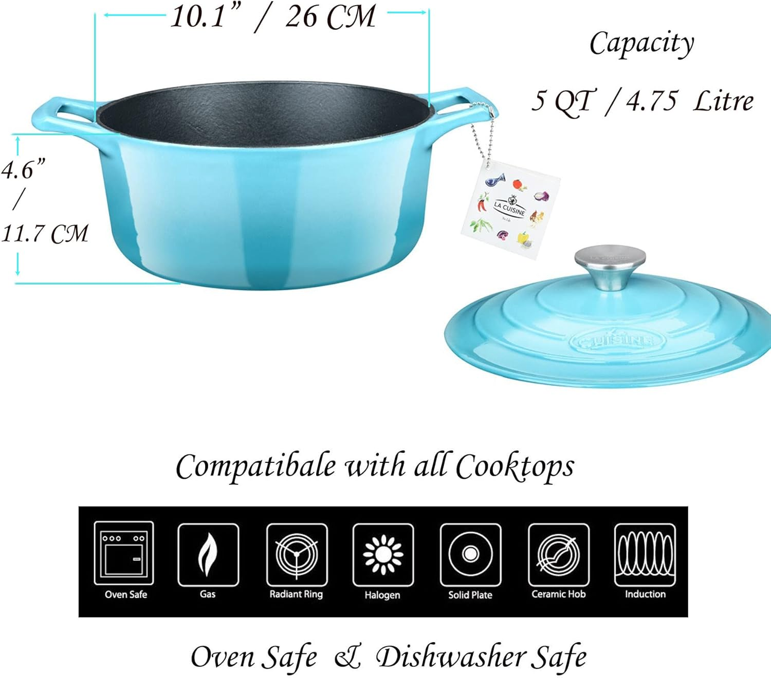 La Cuisine 26Cm Enameled Cast Iron Covered Dutch Oven, Casserole, Pot, French Oven, 5-Quart (QT) - Matte Black Enamel Coating Finish Interior, Teal Porcelain Enamel Exterior Oven Safe image number 6