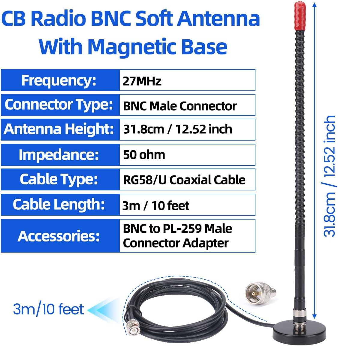 Arridioter CB Radio Antenna Whip Soft 27Mhz Magnetic Mount CB Antenna Kit with PL259 BNC Male Adapter Compatible with Cobra Uniden Midland Maxon Car Mobile Truck Vehicle Portable Handheld CB Radio image number 5