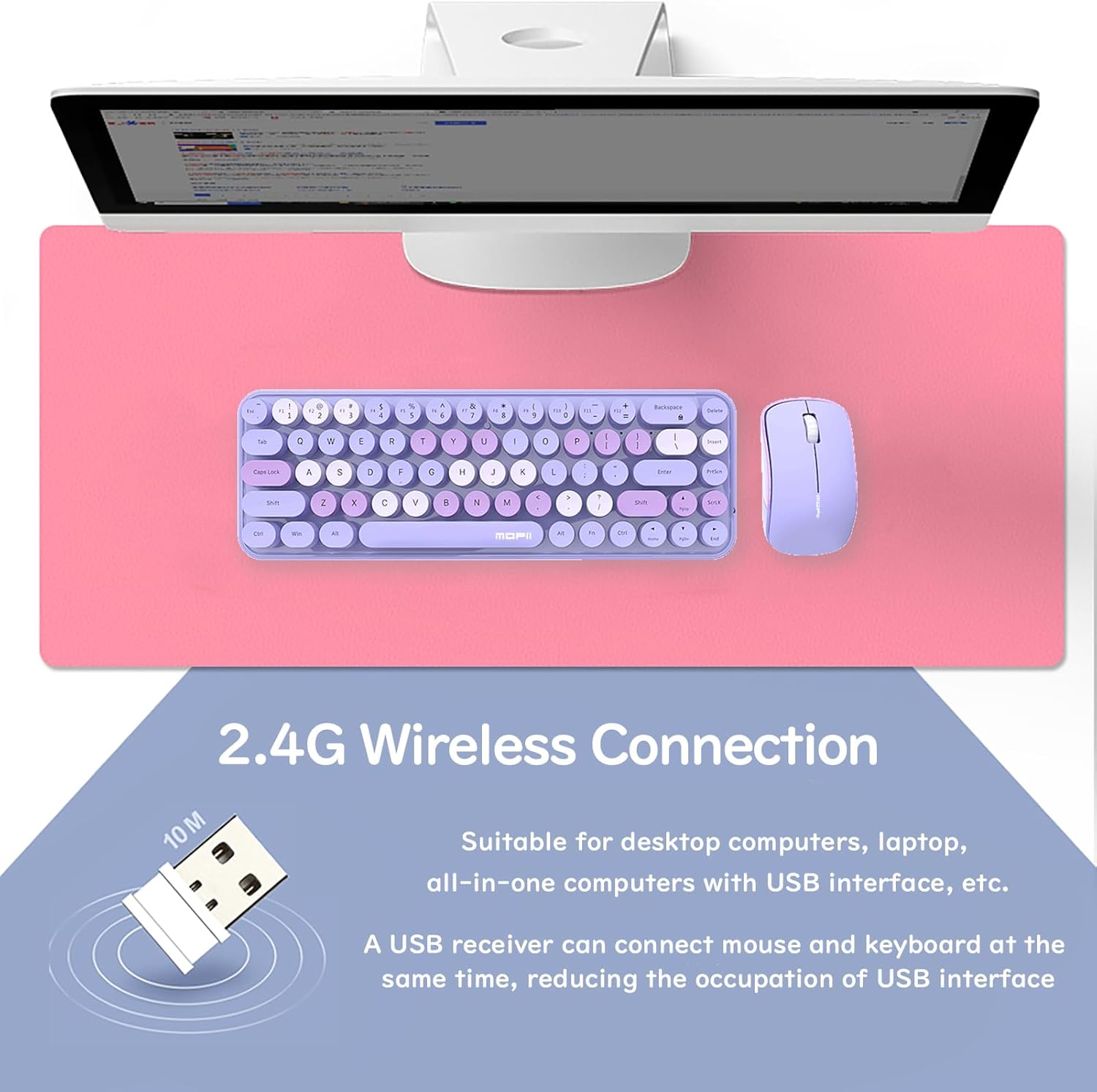 Compact Colorful Wireless Keyboard and Mouse Combo, Soundless 68 round Keys, Suitable for Girls and Kids, Compatible with Notebook, PC (Purple)