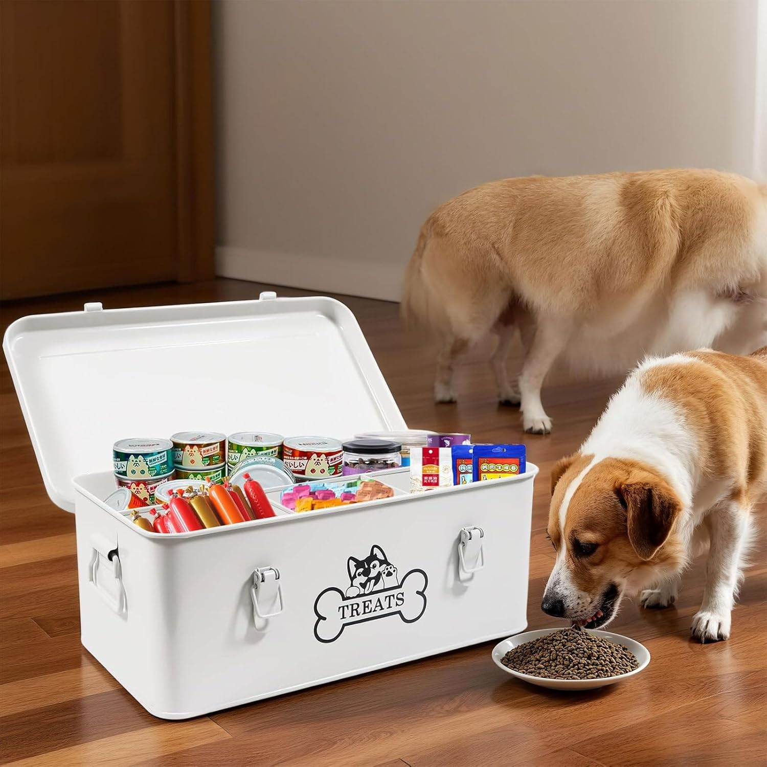 Zoeqide Dog Treat Container Metal 8.5 L - Dog Treat Container Airtight with Lids & Dividers, White - Treat Storage with Lock for Dry Food, Snack Box Shelf & Kitchen image number 1