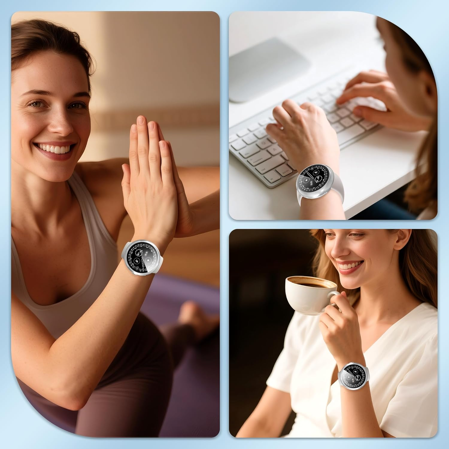 Diruite Pack of 3 Case for Google Pixel Watch 4 41 Mm Protective Case, PC Ultra Thin HD Tempered Glass Scratch-Resistant All-Round Screen Protector, Black, Silver and Transparent image number 6