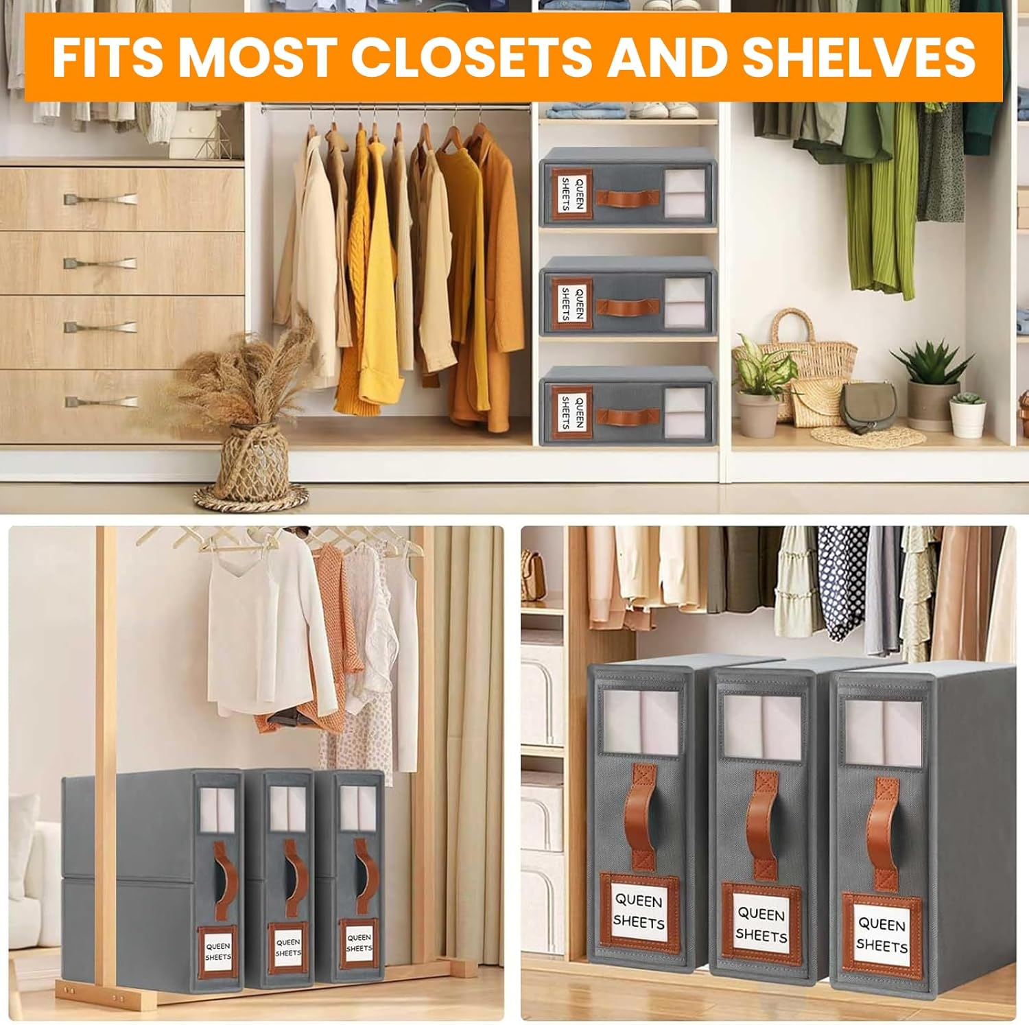 4 Pack Bed Sheet Organizers and Storage, Foldable Linen Closet Organiser with Window and Label, Home Storage & Organisation for Bedding Sheets,Duvet Covers,Blankets (Grey) image number 3