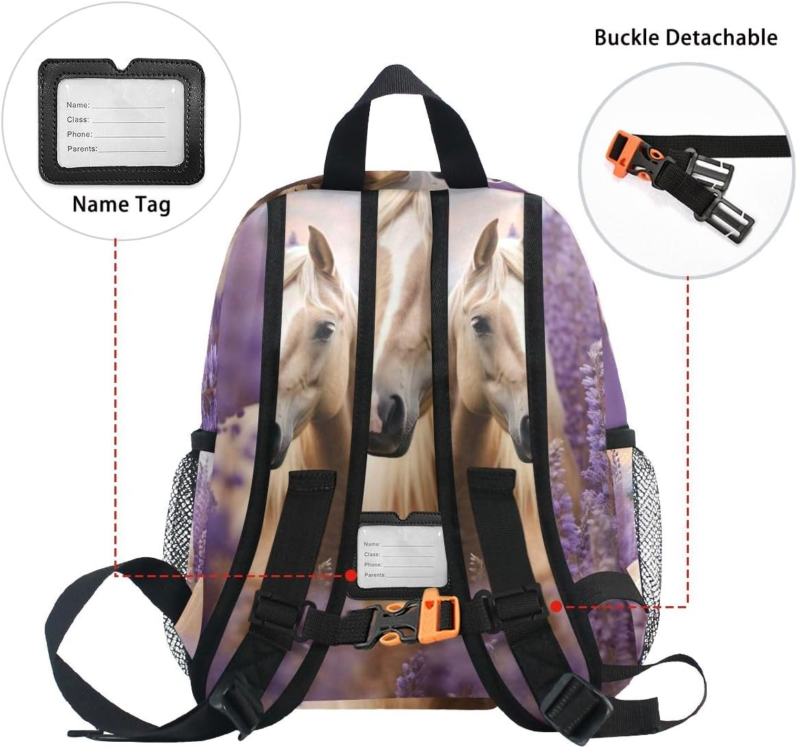 RPLIFE Horse Lavender Field Purple Toddler Girl Backpack with Name Tag, Travel Bookbag, 3-8 Years image number 4