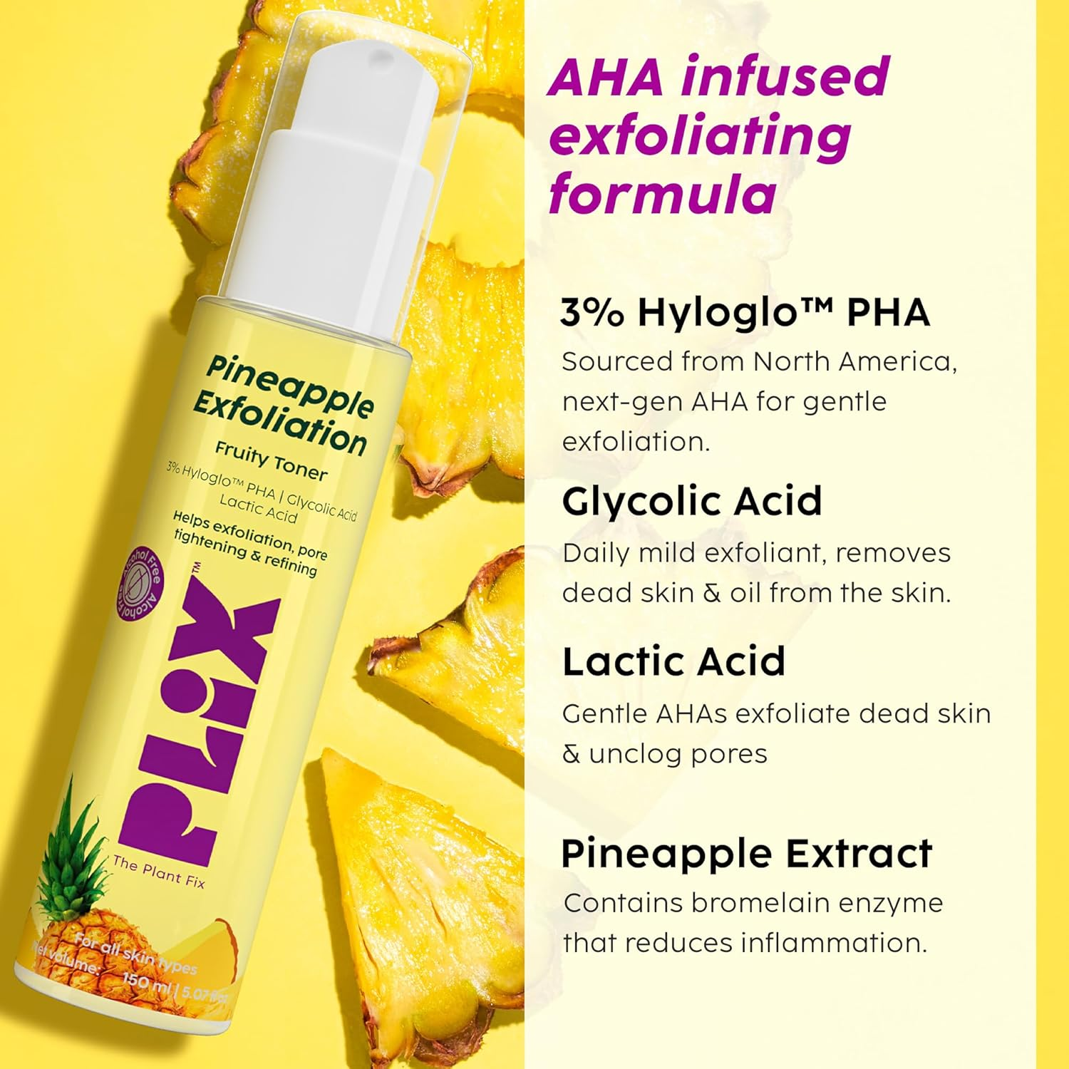 PLIX - the PLANT FIX Pineapple PHA 3% Alcohol Free Face Toner (150Ml) | Pore Tightening & Mild Exfoliation for Oily Acne Prone Sensitive & Normal Skin | Hydrating Face Toner for Glowing Skin
