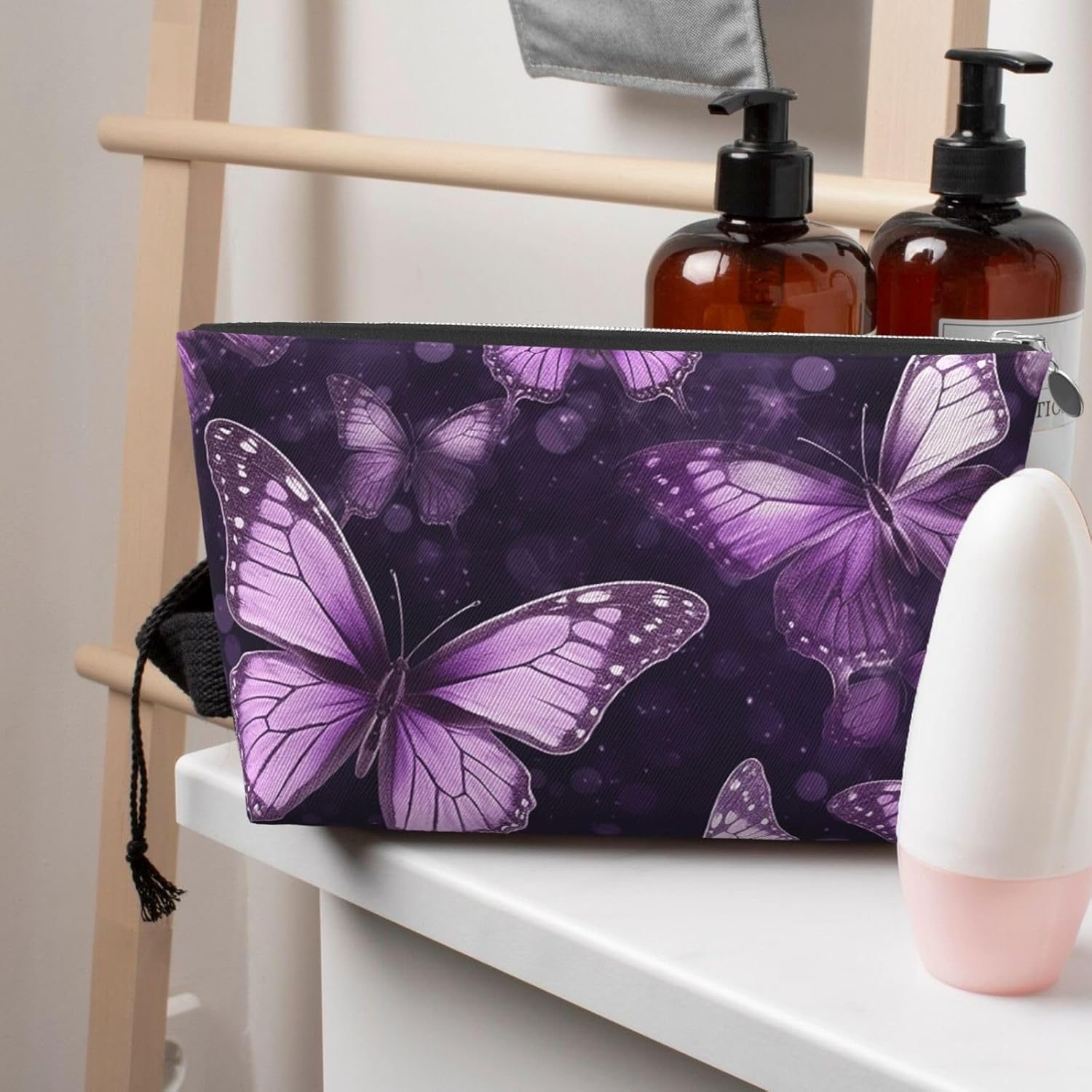 SDTYKHJ Large Capacity Makeup Bag for Women, Waterproof Portable Shaving Bag, Small Toiletry Bag, Purple Butterflies, Leather Cosmetic Organizer Bags for Travel, Siliver, One Size image number 5