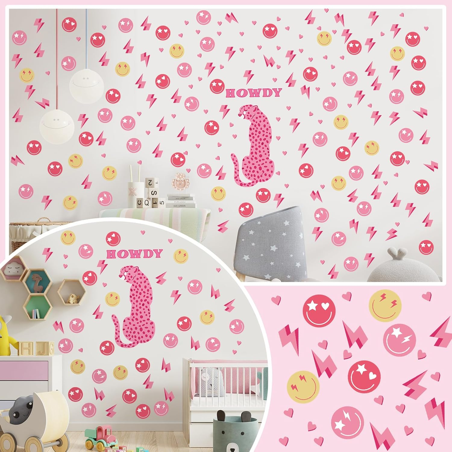 Kisston 9 Sheets Preppy Pink Wall Decal Hot Aesthetic Howdy Smile Face Lightning Vinyl Wall Decals Pink Cheetah Murals Decal for College Students Girls Pink Dorm Bedroom Living Room Nursery Decoration - Bright image number 6