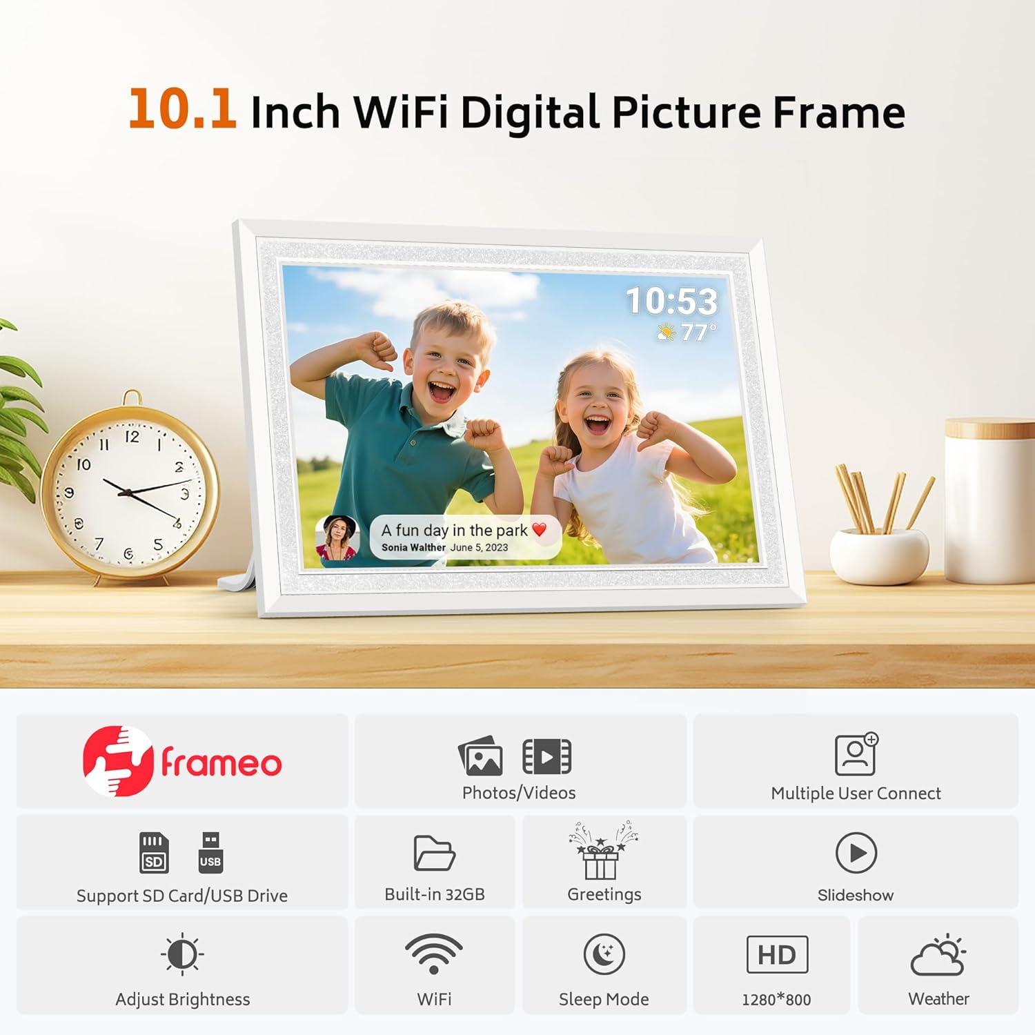 Frameo 10.1" Digital Picture Frame with 32GB Memory White Wifi Electronic Photo Frame 1280 X 800 IPS HD Touch Screen Auto-Rotate Slideshow Wall Mountable Share Photos/Video Remotely Anywhere