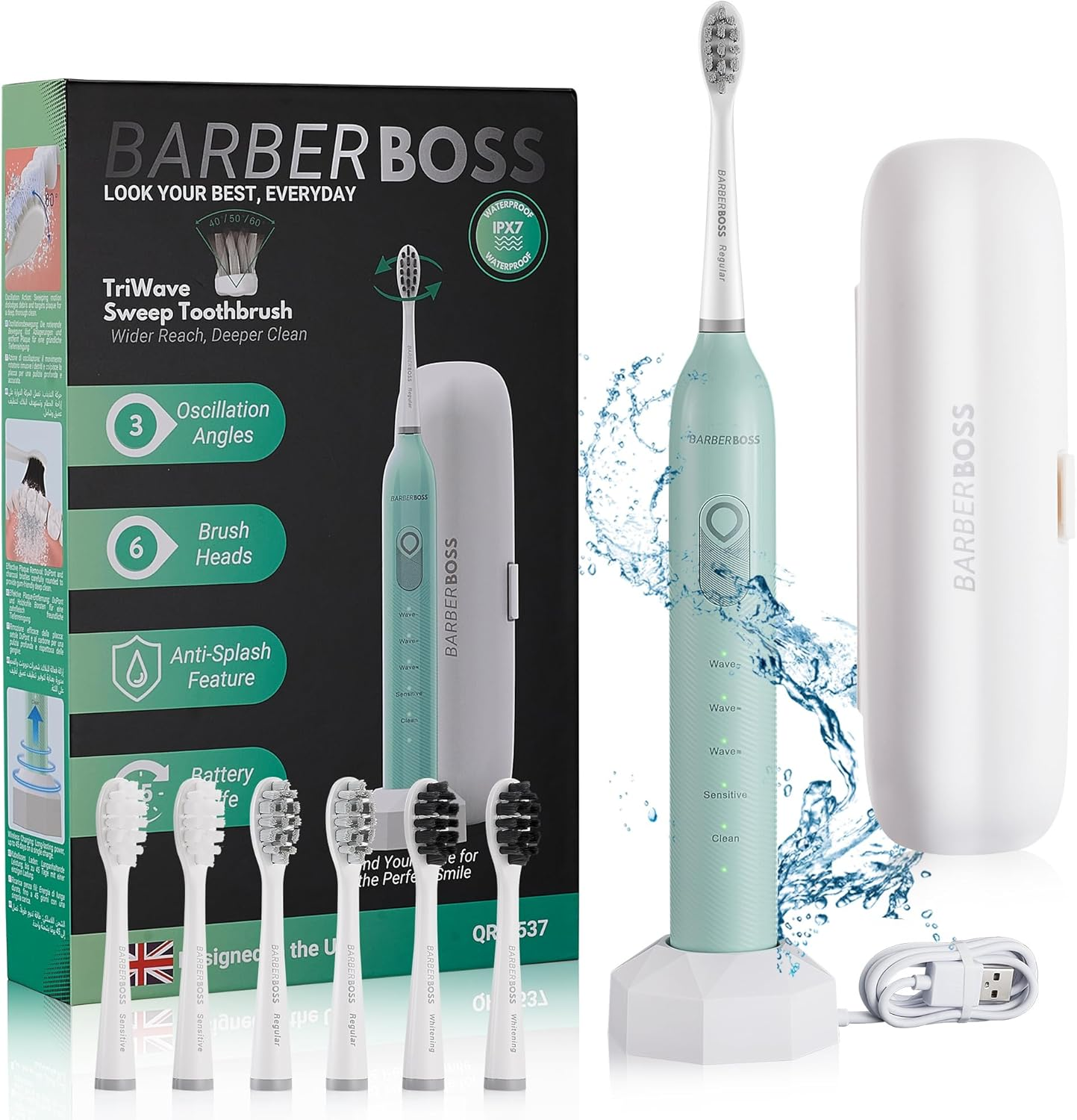 Barberboss Electric Toothbrush for Adults - Oscillation & Vibration Sound Technology, Includes 6 Brush Heads, Smart Timer, Portable Design with Carry Case, Model QR-7537 (Mint) image number 3