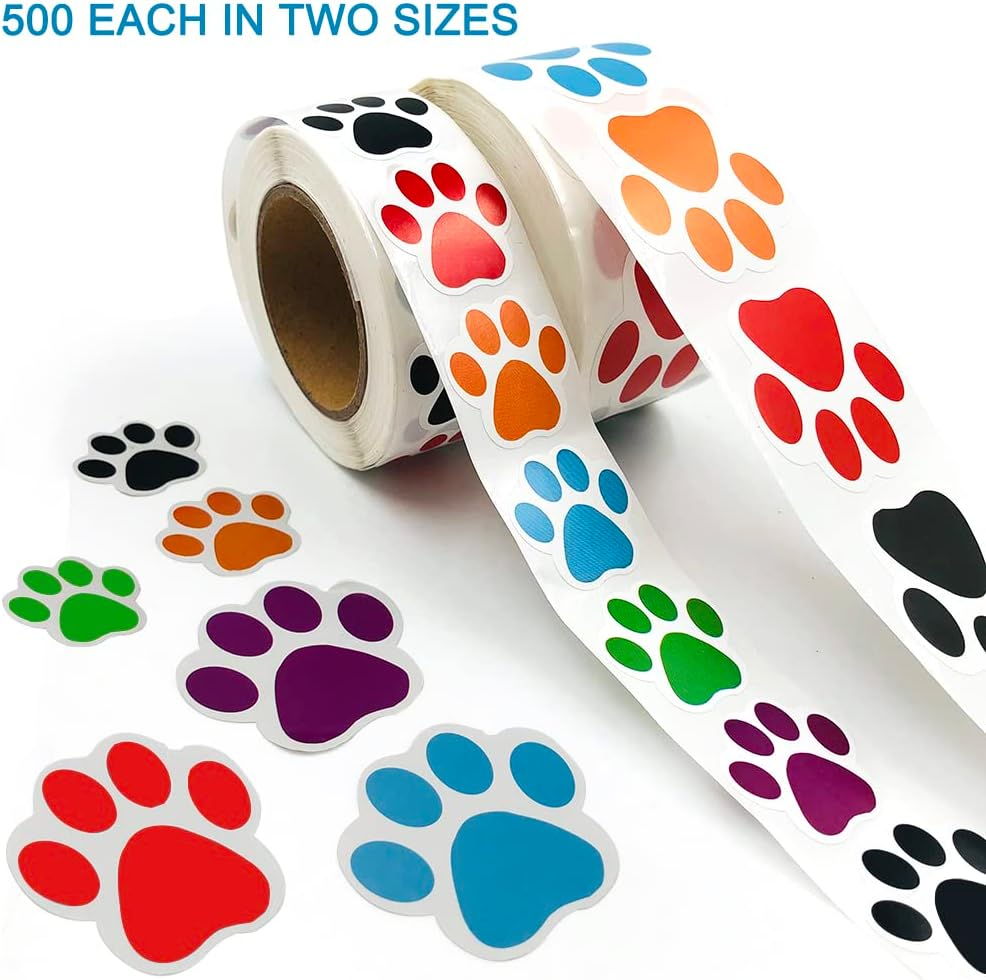 2 Rolls 1000 Pieces Paw Prints Stickers, Sourceton 1 Inch and 1.5 Inch Colorful Dog Paw Self-Adhesive Labels Stickers for Arts Craft, Scrapbook, Wall Decal, Party Favor Supplies image number 4