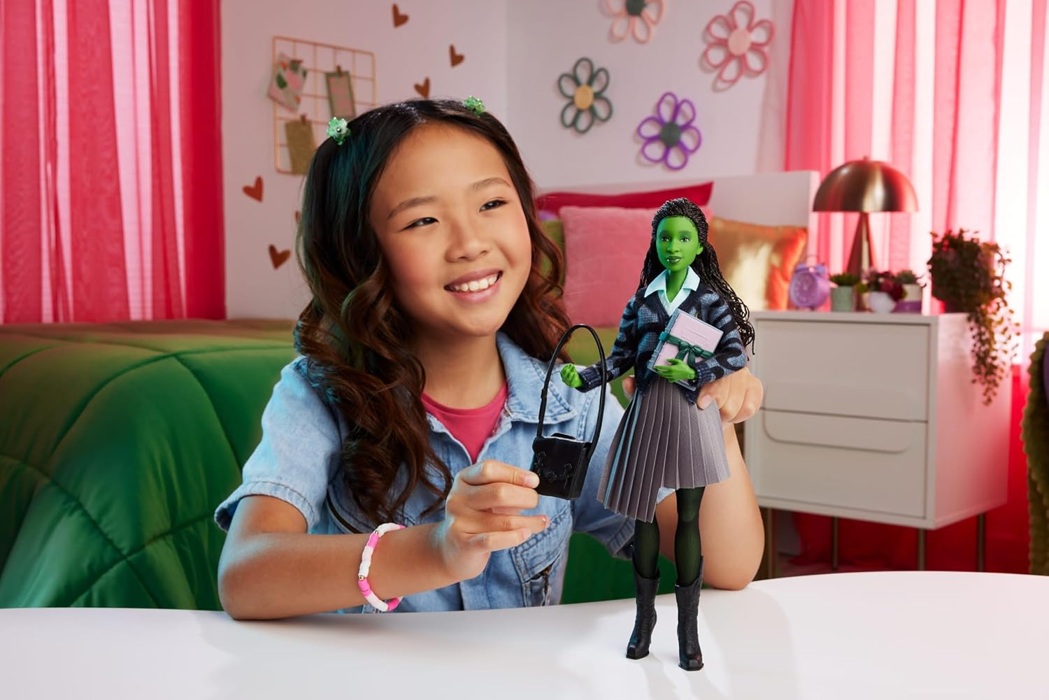 Mattel Universal Wicked Elphaba Fashion Doll & Accessories with Green Skin, Braided Black Hair, Posability & Removable School Uniform