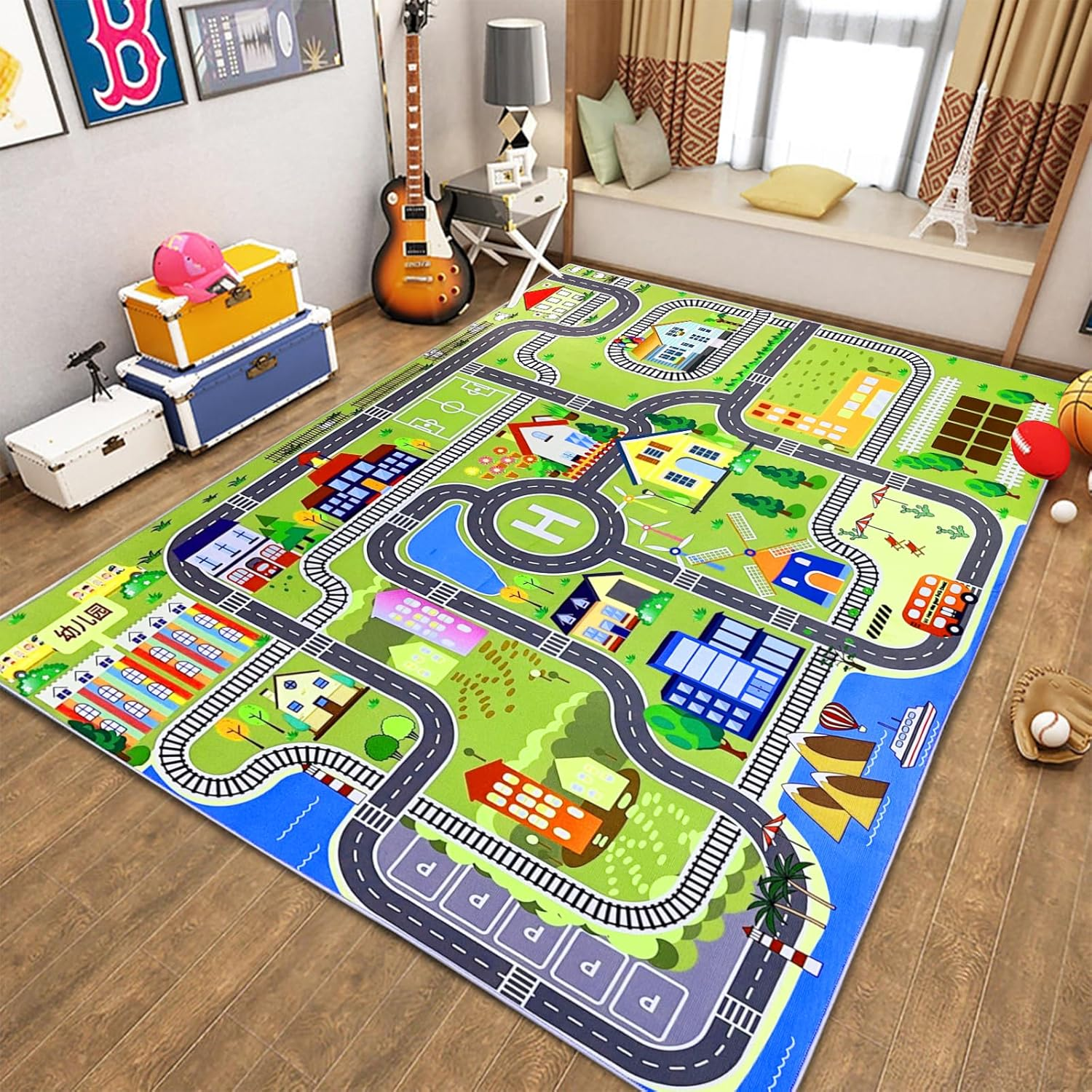 Kids Play Rug Carpet Town City Industrial Farm Road Car Mat 160X120Cm Kids Playmat Exercise Mat Learning Educational Area Rug for Children Boy Girl Kids Bedroom Playroom (Style B, 120X160Cm)