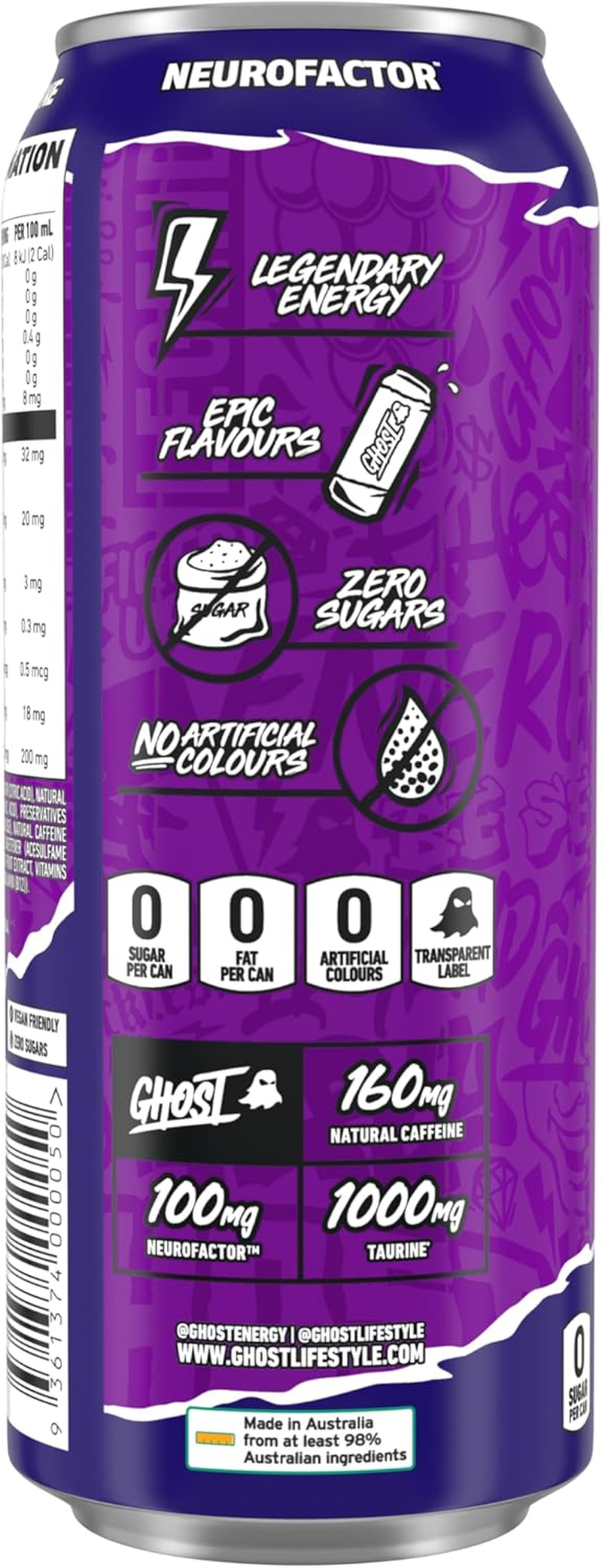 GHOST Energy Drink - 12-Pack, Grape, 500 Ml Cans - Energy & Focus & No Artificial Colours - 160Mg of Natural Caffeine - Vegan image number 3