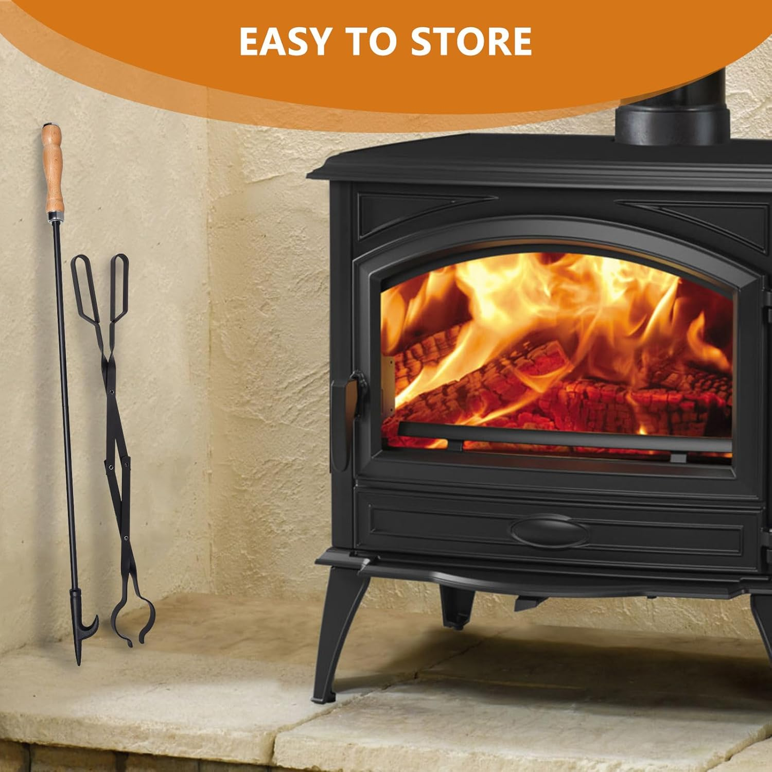 Heavy Duty 32&rdquo; Long Fireplace Fire Pit Campfire Poker Stick and 26&rdquo; Fireplace Tongs Tool Sets, Log Grabber, Rust Resistant Black Finish Camping Fireplace Tools for Indoor/Outdoor image number 3