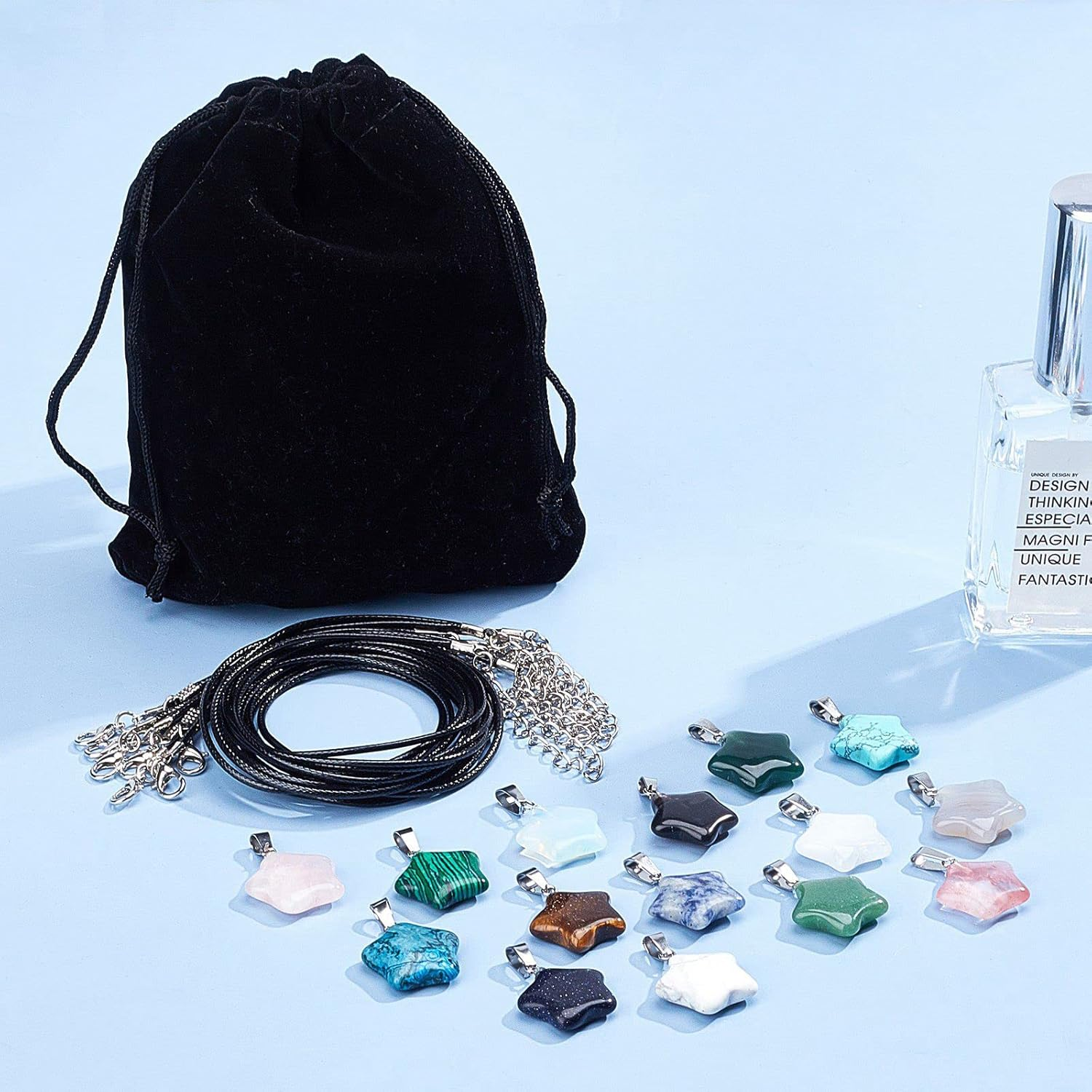 SUNNYCLUE 16 Styles Star Stone Charms Set Natural Energy Healing Crystal Mixed Stone Pendants Chakra Gemstone Beads Rose Quartz Tiger Eye with Waxed Cord Chains for Jewelry Making Crafts image number 5