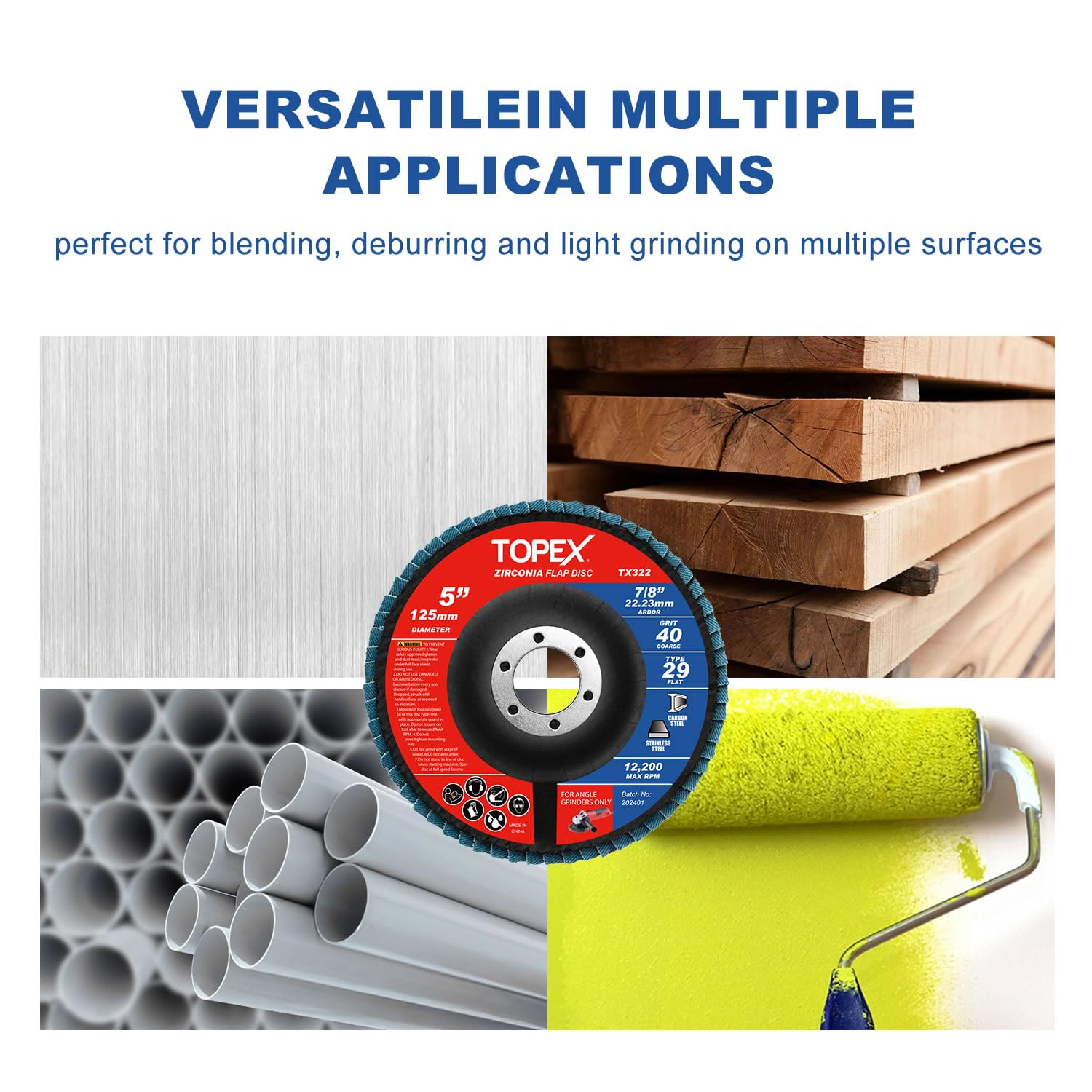 TOPEX 125Mm Zirconia Flap Disc, 10 Pack - Professional Grade Sanding Wheels with 22.23MM Bore, Ideal for Metal Grinding, Polishing, and Deburring. Quality Abrasive Discs for Precision Work. image number 2