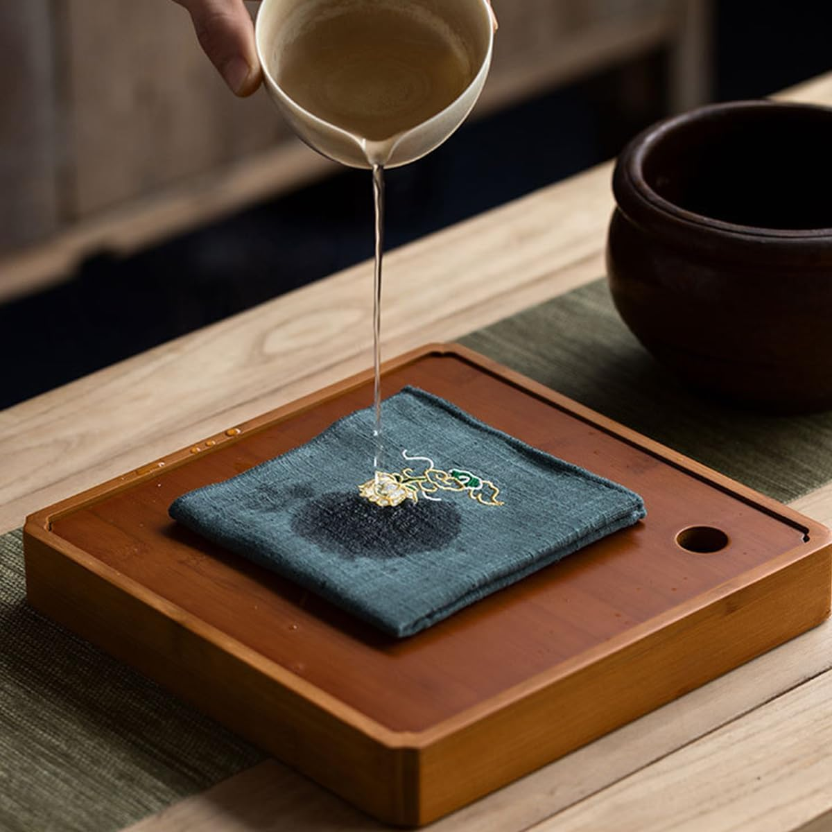 AIMALL Square Bamboo Tea Tray 9X9X1.4In Solid Wood Kung Fu Tea Set Tray for Storing Water and Serving, Durable Exquisite Design for Small and Large Tea Tables image number 3