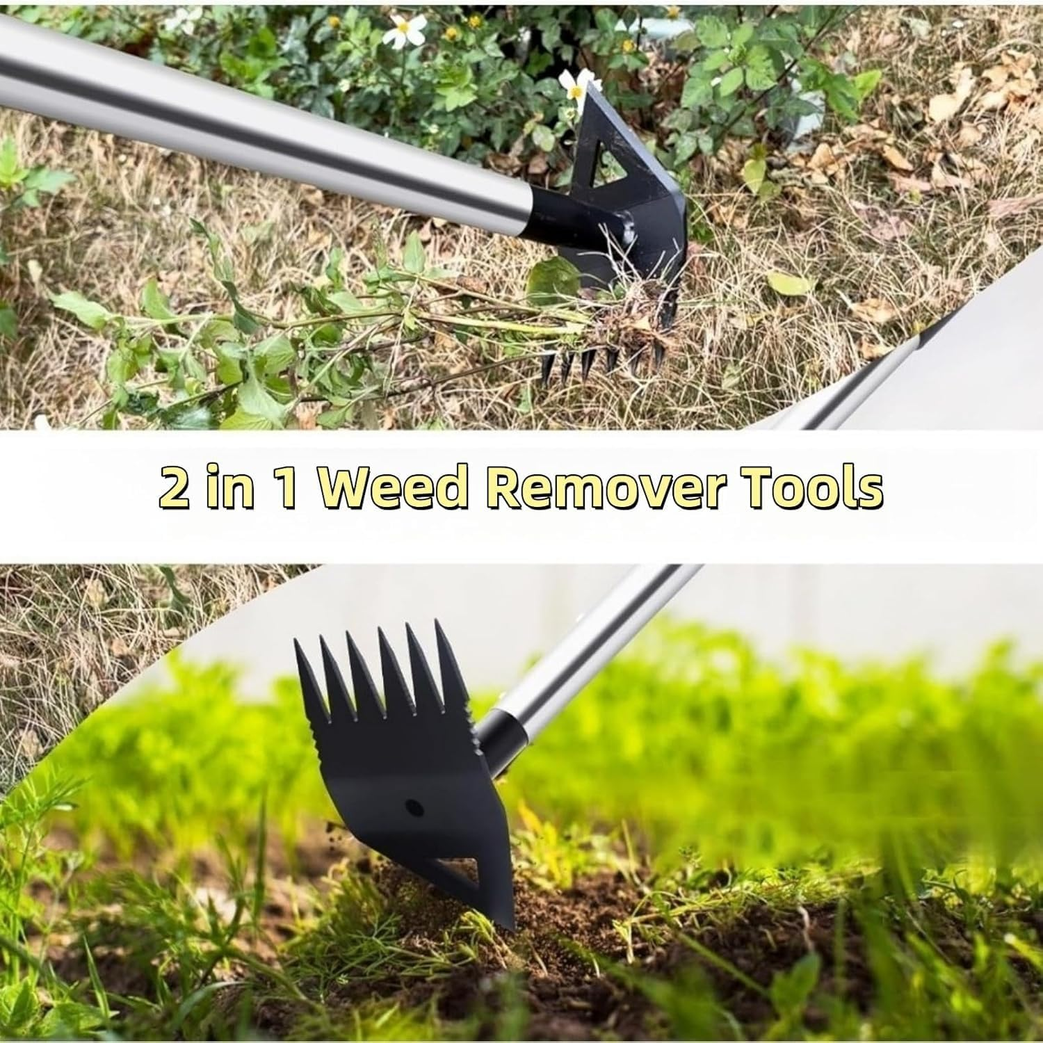 Weed Puller Tool with Long Handle, 2 in 1 Manual Weed Rake and Garden Hoe 150Cm Weed Remover Gardening Tools, Heavy Duty Uprooting Weeding Pull for Yard, Lawn, Patio and Garden