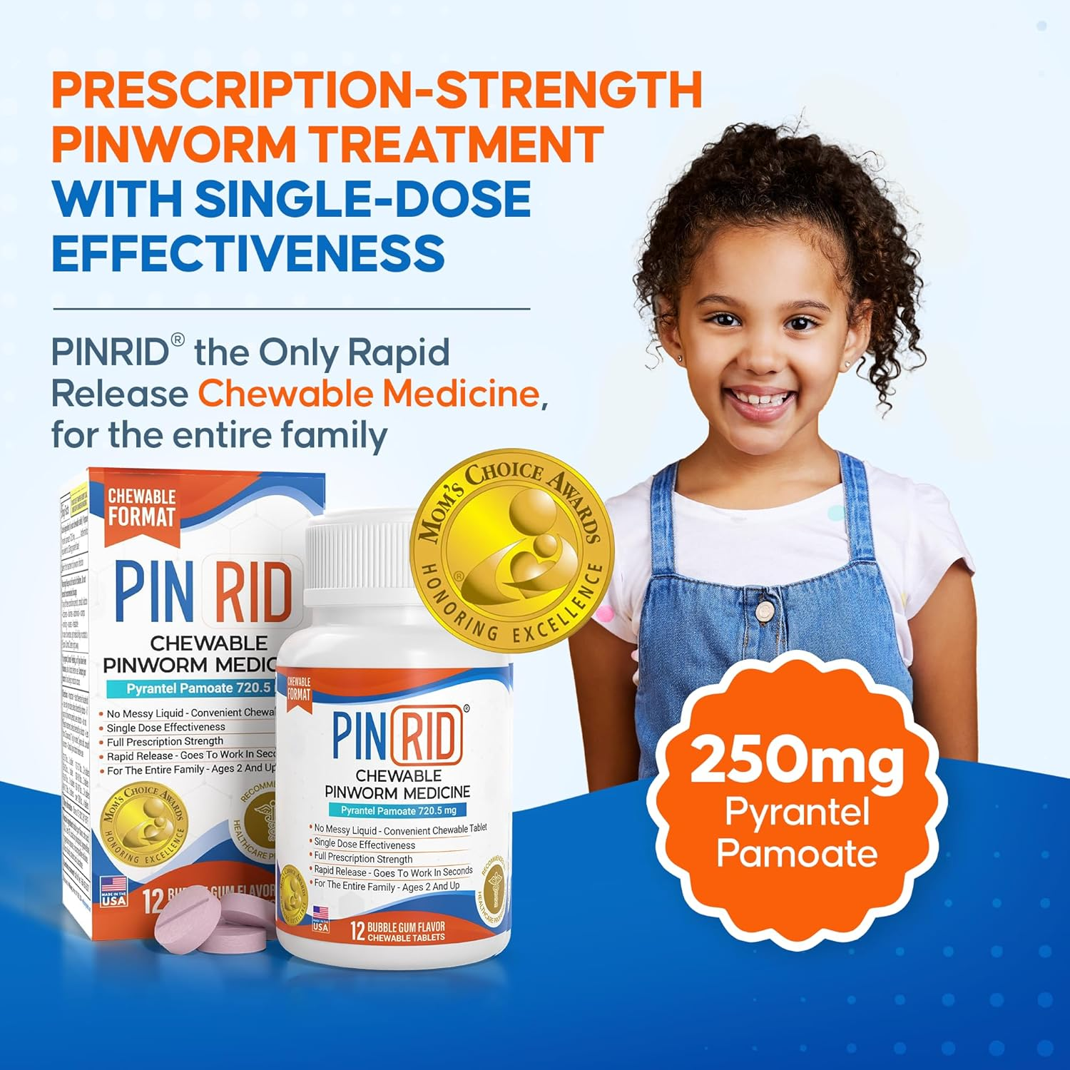 Pinrid Pyrantel Pamoate Dewormer for Humans - 250Mg, Pinworm Medicine for Adults & Kids, Fast Acting Human Dewormer Treatment for Pinworms, Hookworm, Roundworm, Whipworm, 12 Chewable Tablets image number 2